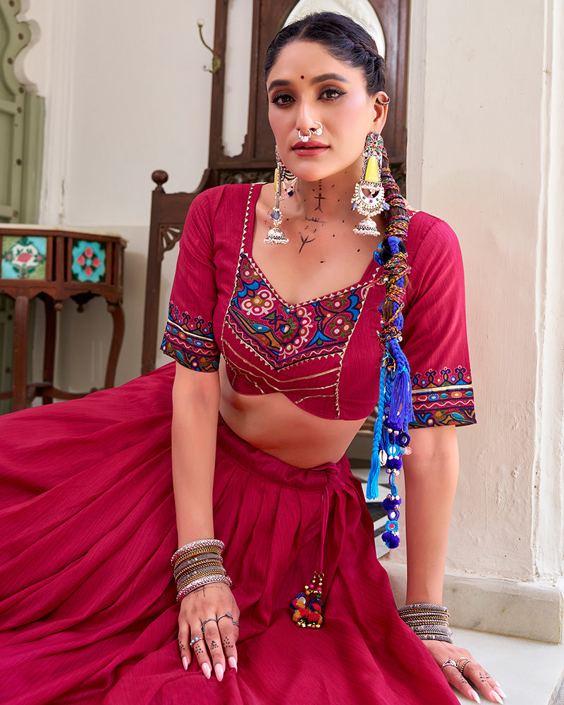 Pink tussar silk gamthi print lehenga choli with dupatta