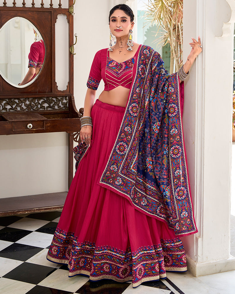 Pink Tussar Silk Gamthi Print Lehenga Choli with Dupatta