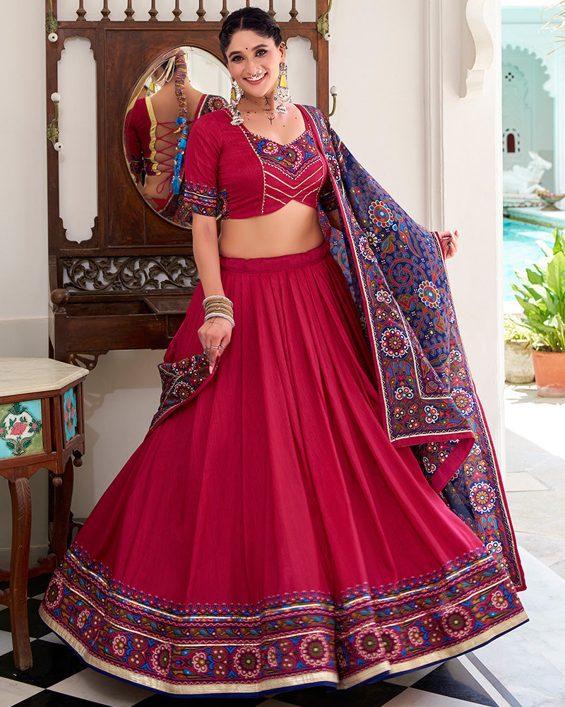 Pink Tussar Silk Gamthi Print Lehenga Choli with Dupatta