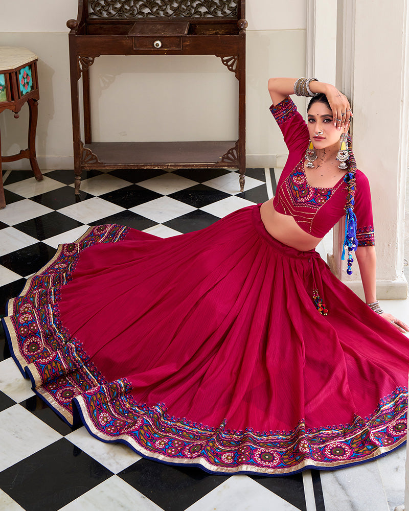 Pink Tussar Silk Gamthi Print Lehenga Choli with Dupatta