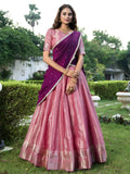 Pink Zari Weaving Sequins Embroidered Kanchipuram Silk Lehenga Choli