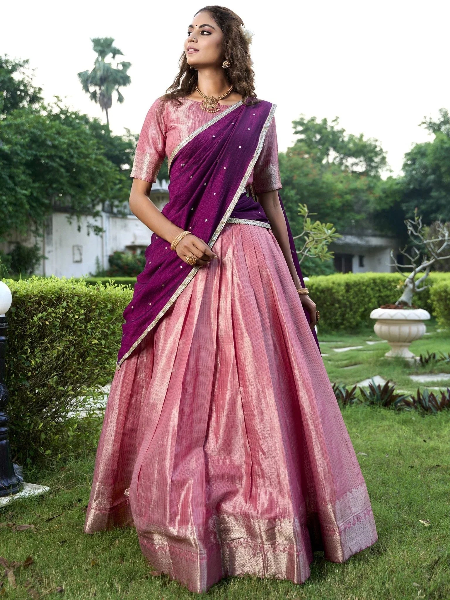 Pink Zari Weaving Sequins Embroidered Kanchipuram Silk Lehenga Choli