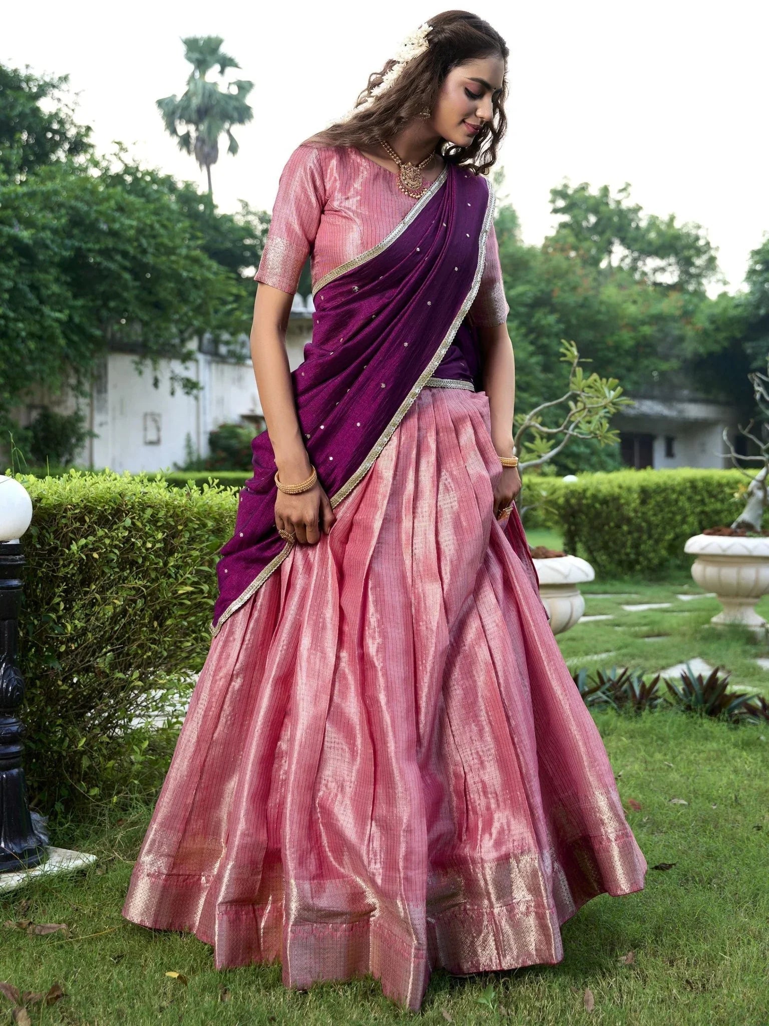 Pink Zari Weaving Sequins Embroidered Kanchipuram Silk Lehenga Choli