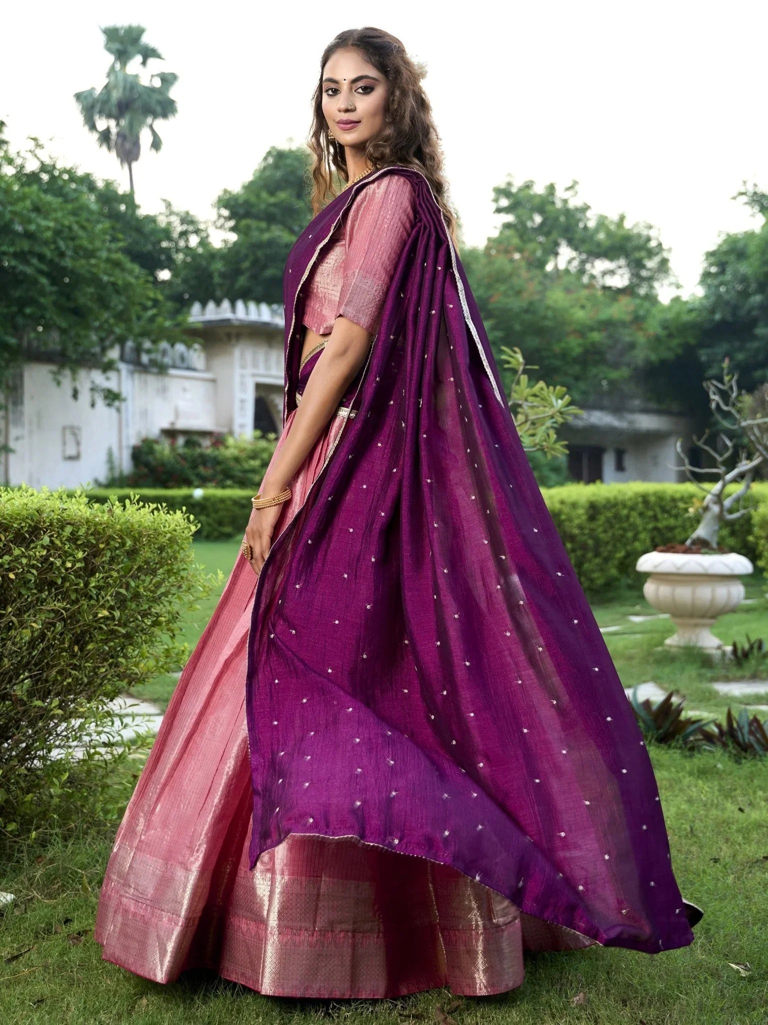 Pink Zari Weaving Sequins Embroidered Kanchipuram Silk Lehenga Choli