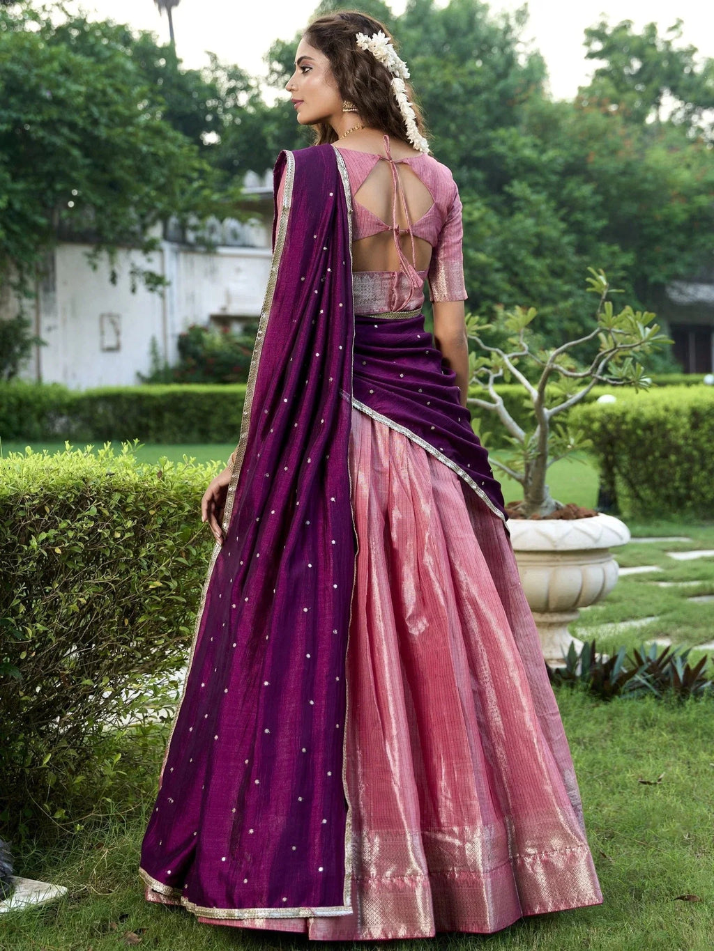 Pink Zari Weaving Sequins Embroidered Kanchipuram Silk Lehenga Choli