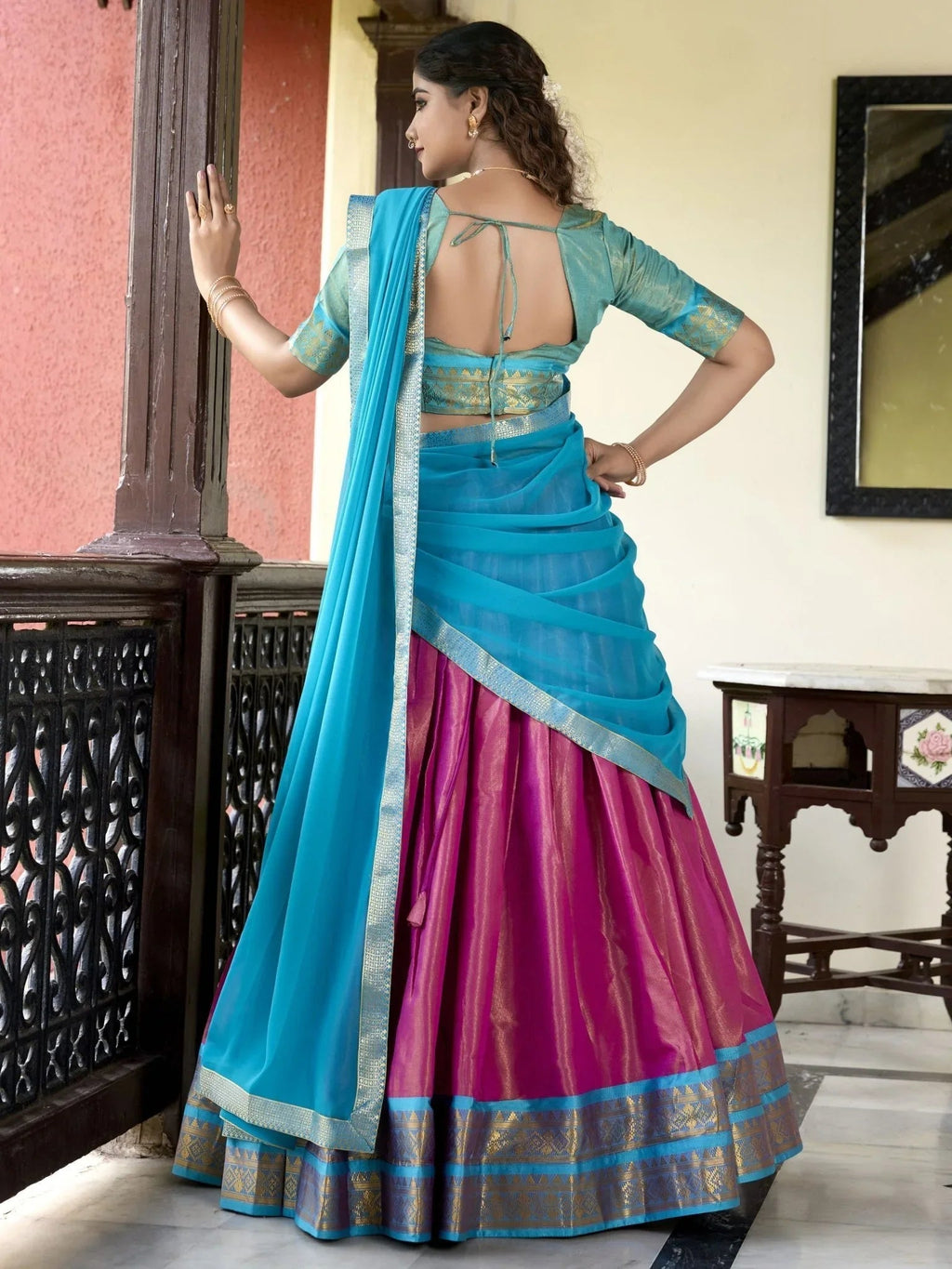 Pink Zari Weaving Work Kanchipuram Silk Lehenga Choli with Dupatta