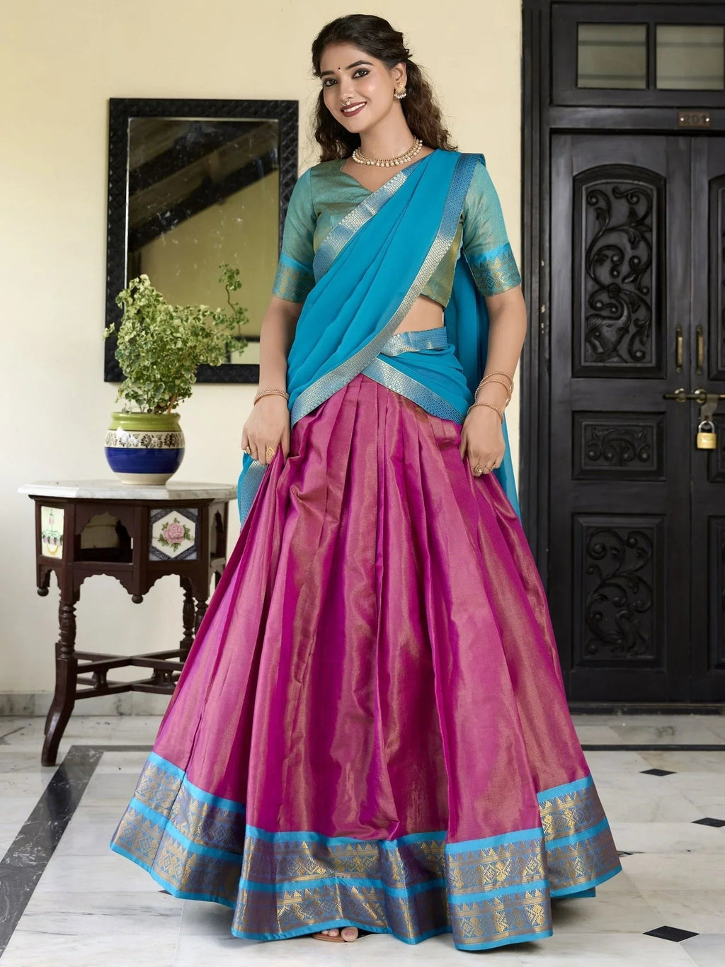 Pink Zari Weaving Work Kanchipuram Silk Lehenga Choli with Dupatta