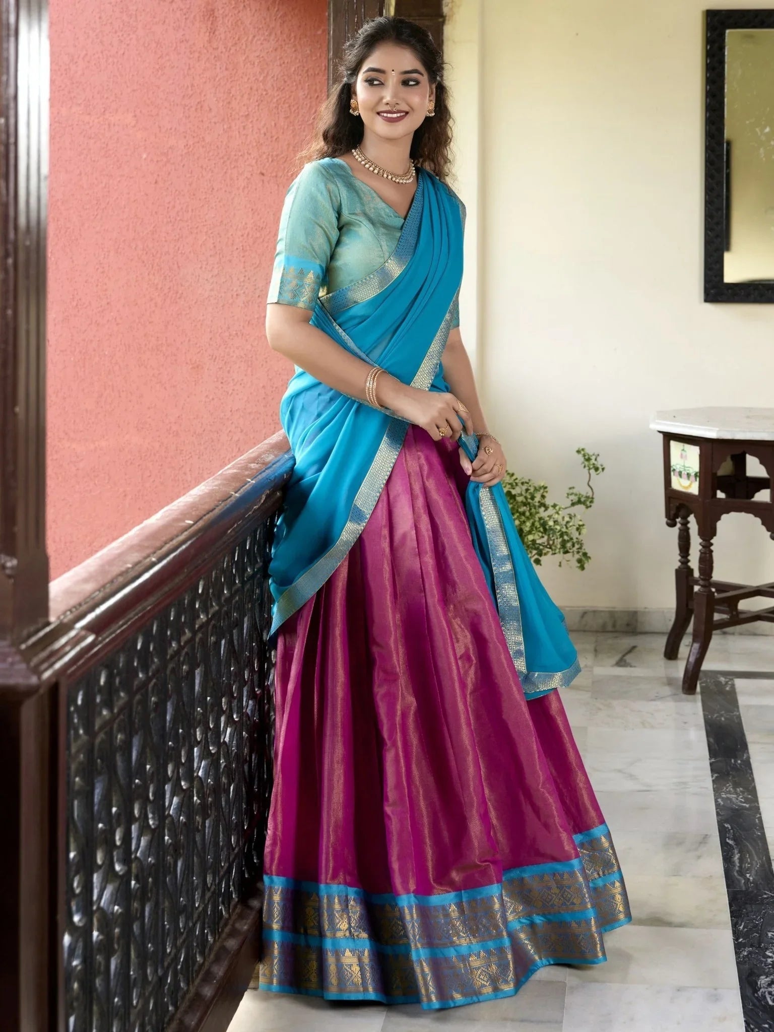 Pink Zari Weaving Work Kanchipuram Silk Lehenga Choli with Dupatta