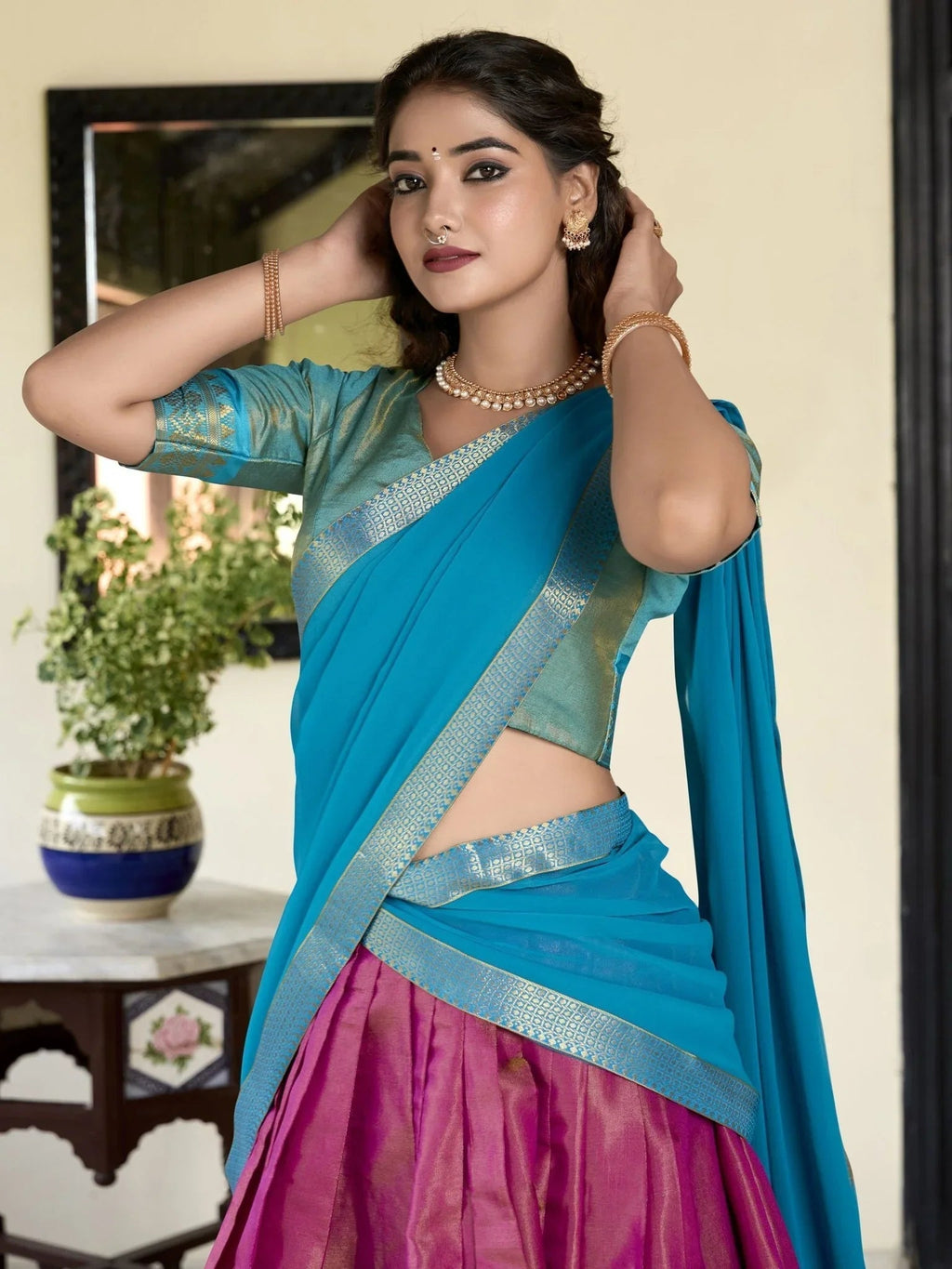 Pink Zari Weaving Work Kanchipuram Silk Lehenga Choli with Dupatta