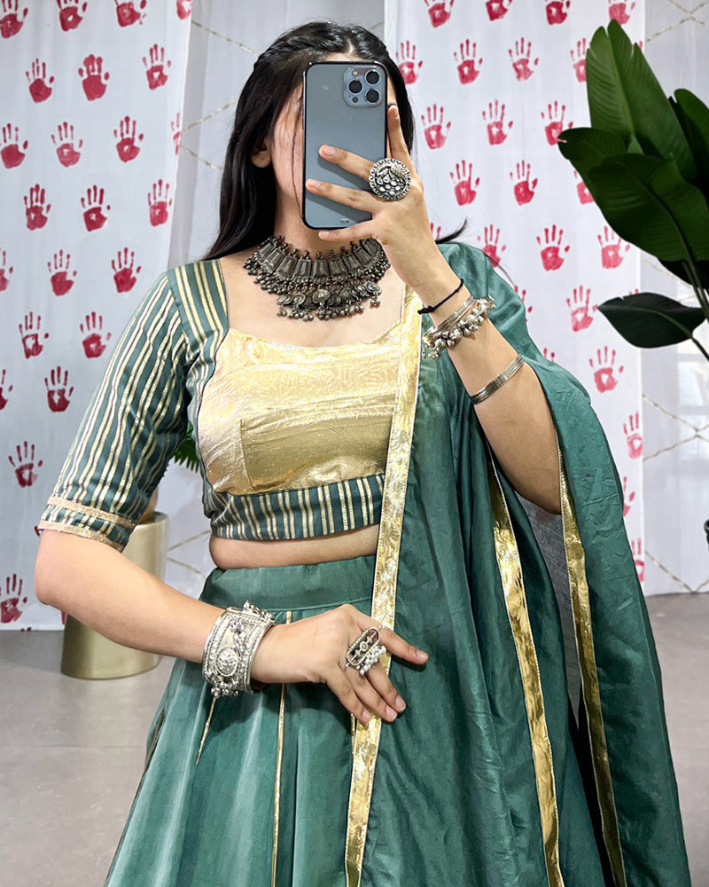 Pista Green Chanderi Zari Gota Patti Lace Work Navratri Lehenga Choli