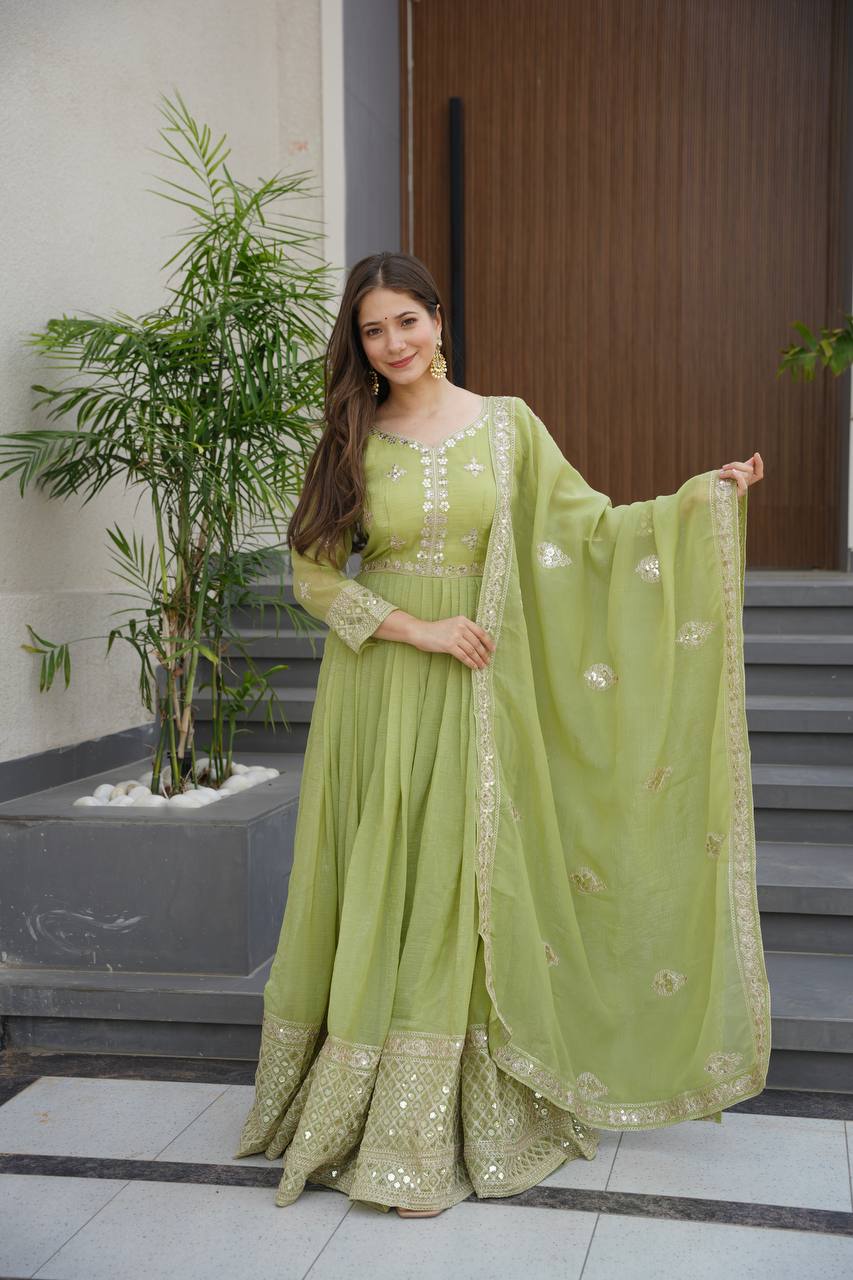 Pista Green Crunchy Silk Embroidered Sequins Work Gown with Dupatta