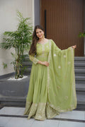 Pista Green Crunchy Silk Embroidered Sequins Work Gown with Dupatta