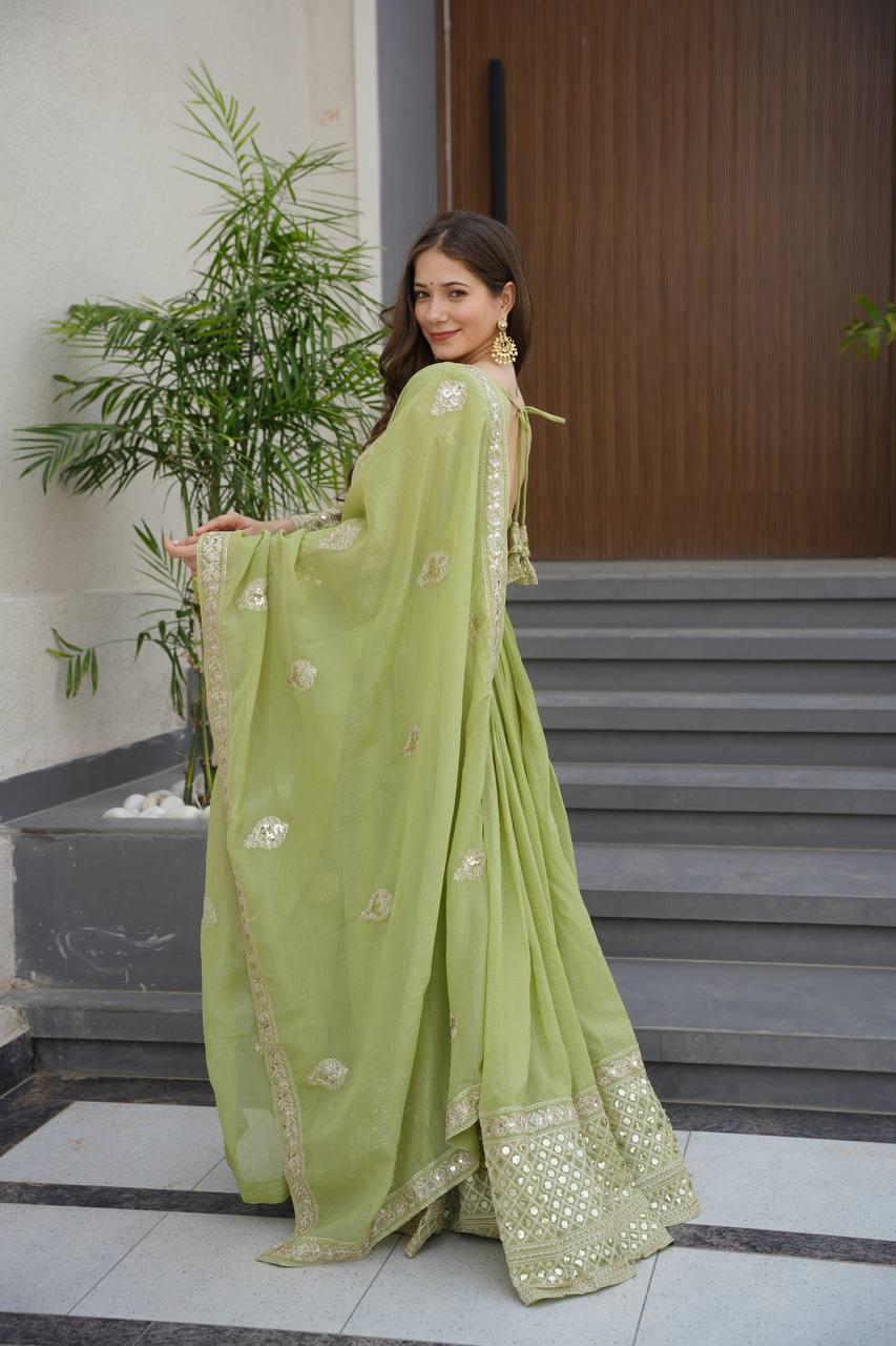 Pista Green Crunchy Silk Embroidered Sequins Work Gown with Dupatta