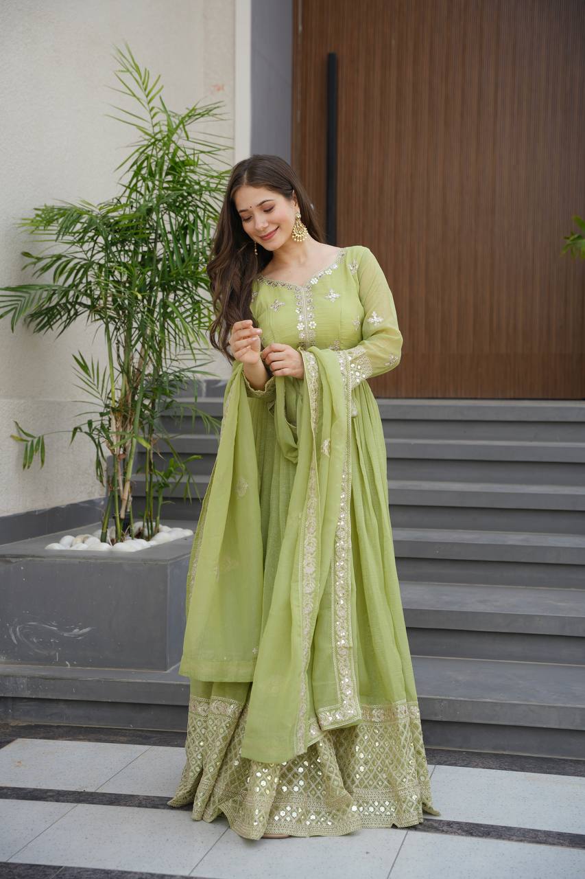 Pista Green Crunchy Silk Embroidered Sequins Work Gown with Dupatta