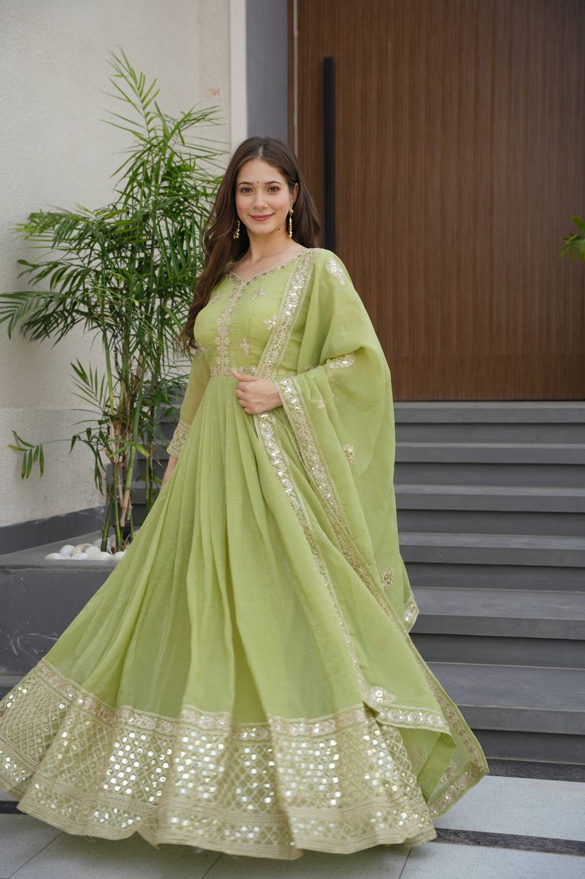 Pista Green Crunchy Silk Embroidered Sequins Work Gown with Dupatta