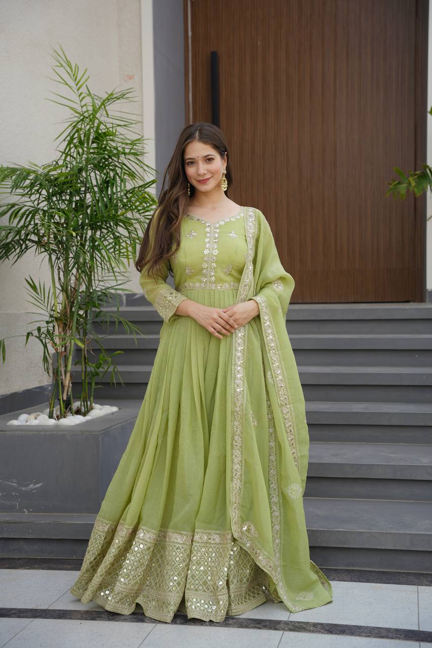 Pista Green Crunchy Silk Embroidered Sequins Work Gown with Dupatta