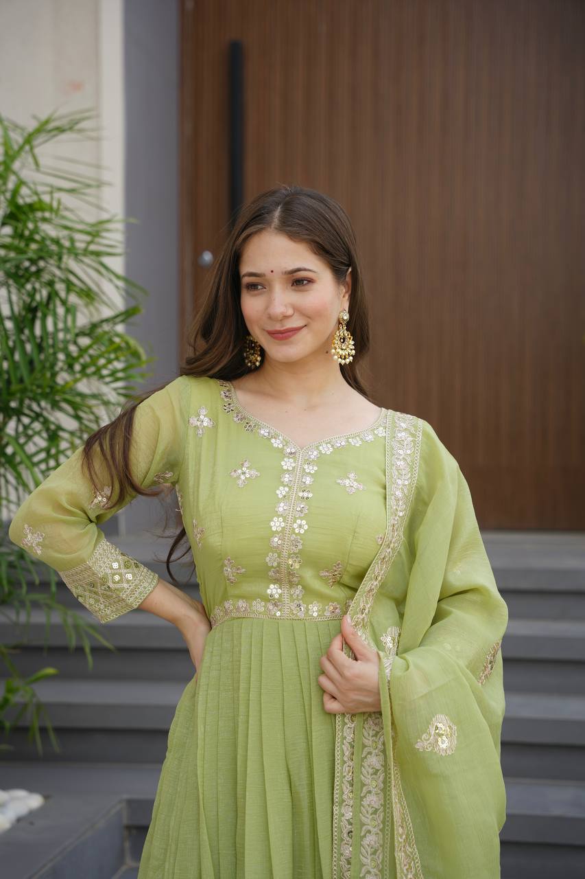 Pista Green Crunchy Silk Embroidered Sequins Work Gown with Dupatta