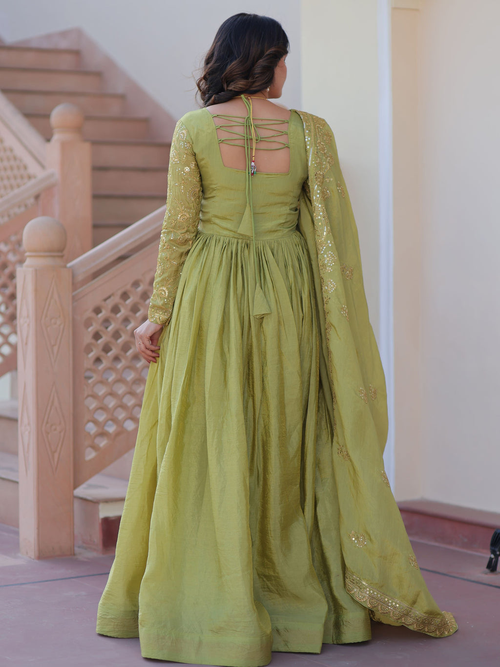 Pista Green Organza Sequins Embroidered Gown with Dupatta