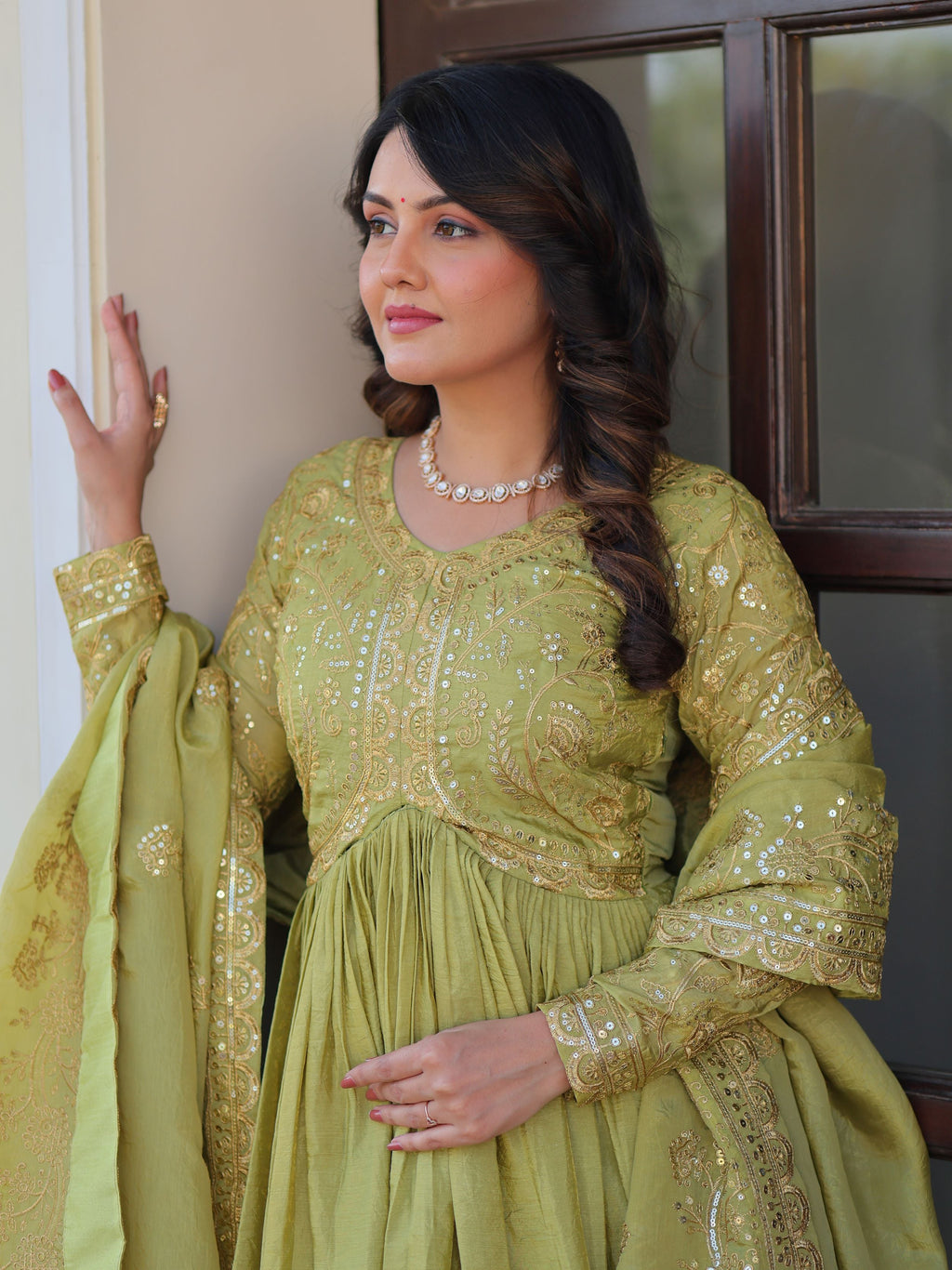 Pista Green Organza Sequins Embroidered Gown with Dupatta