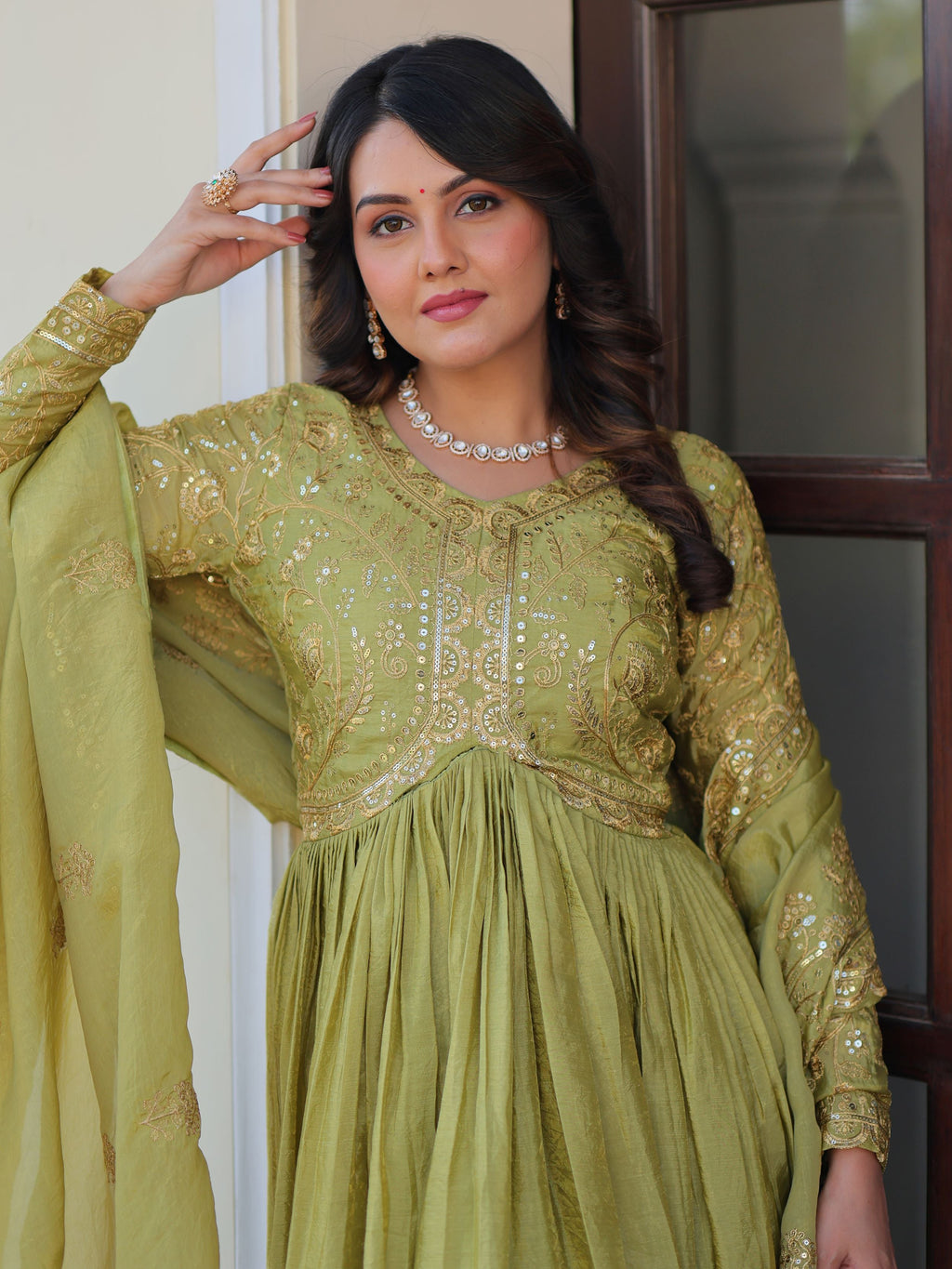 Pista Green Organza Sequins Embroidered Gown with Dupatta