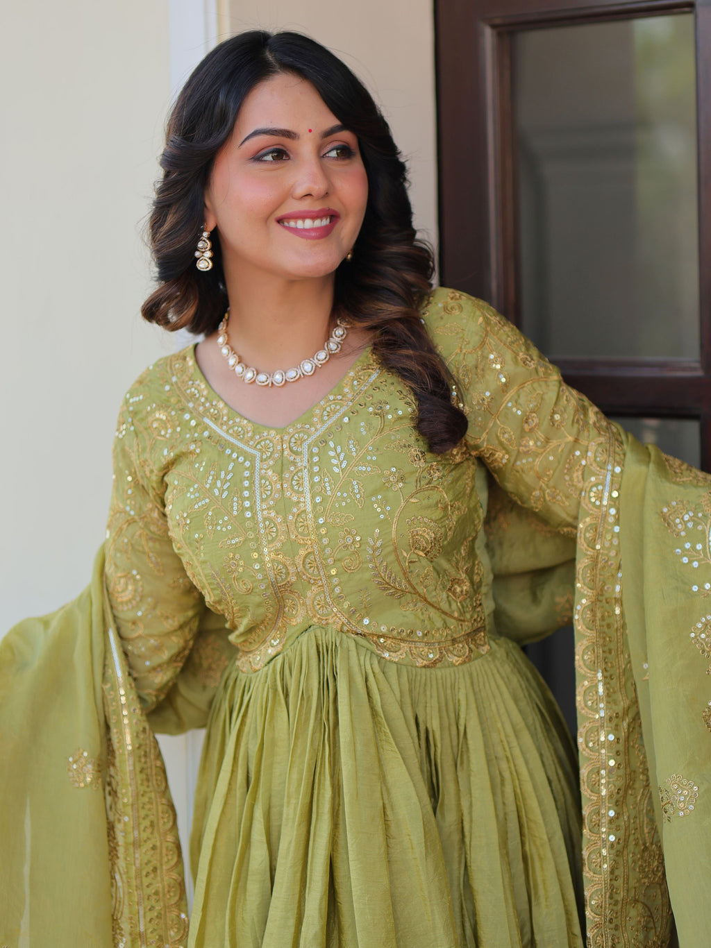 Pista Green Organza Sequins Embroidered Gown with Dupatta