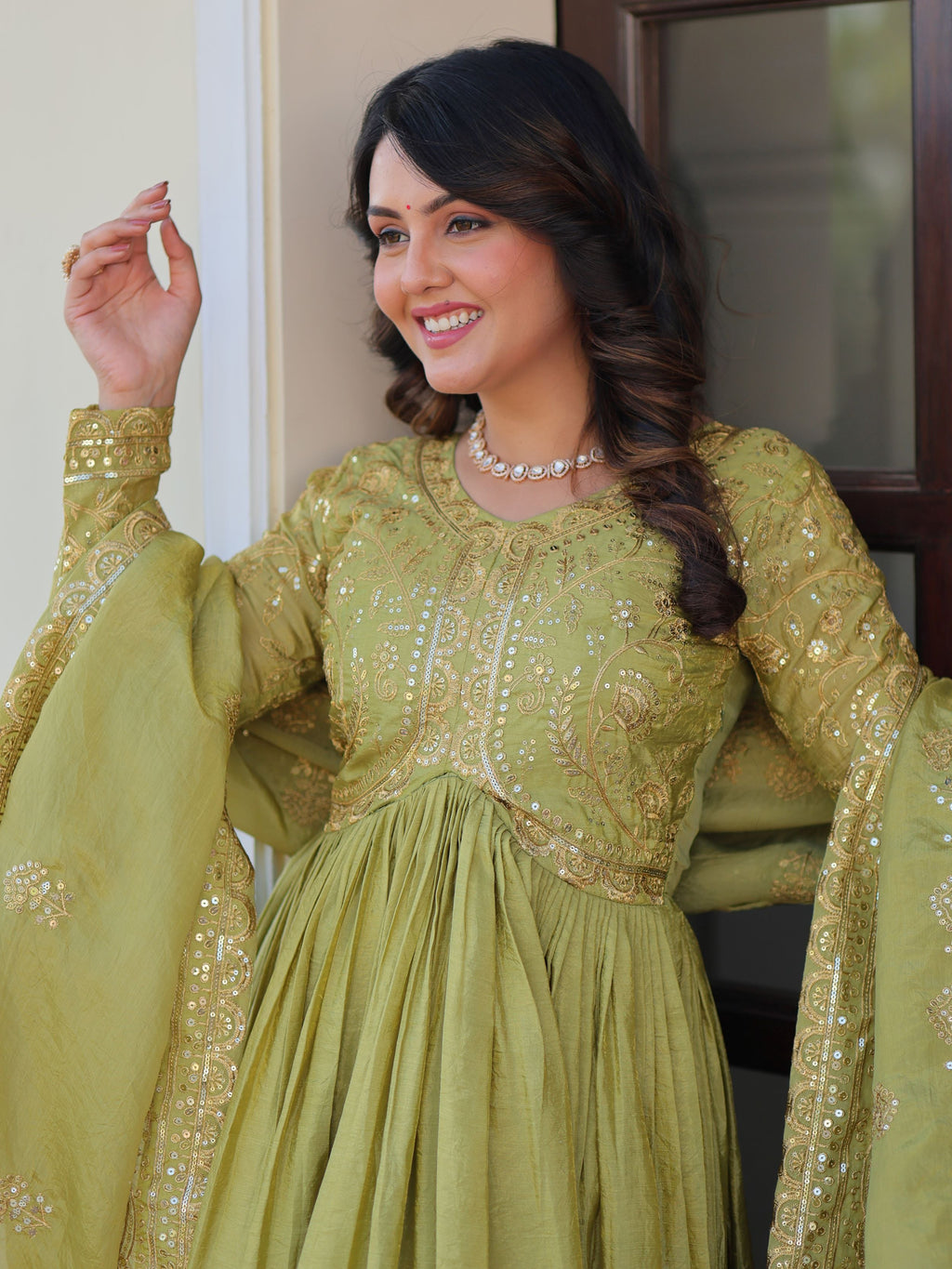 Pista Green Organza Sequins Embroidered Gown with Dupatta