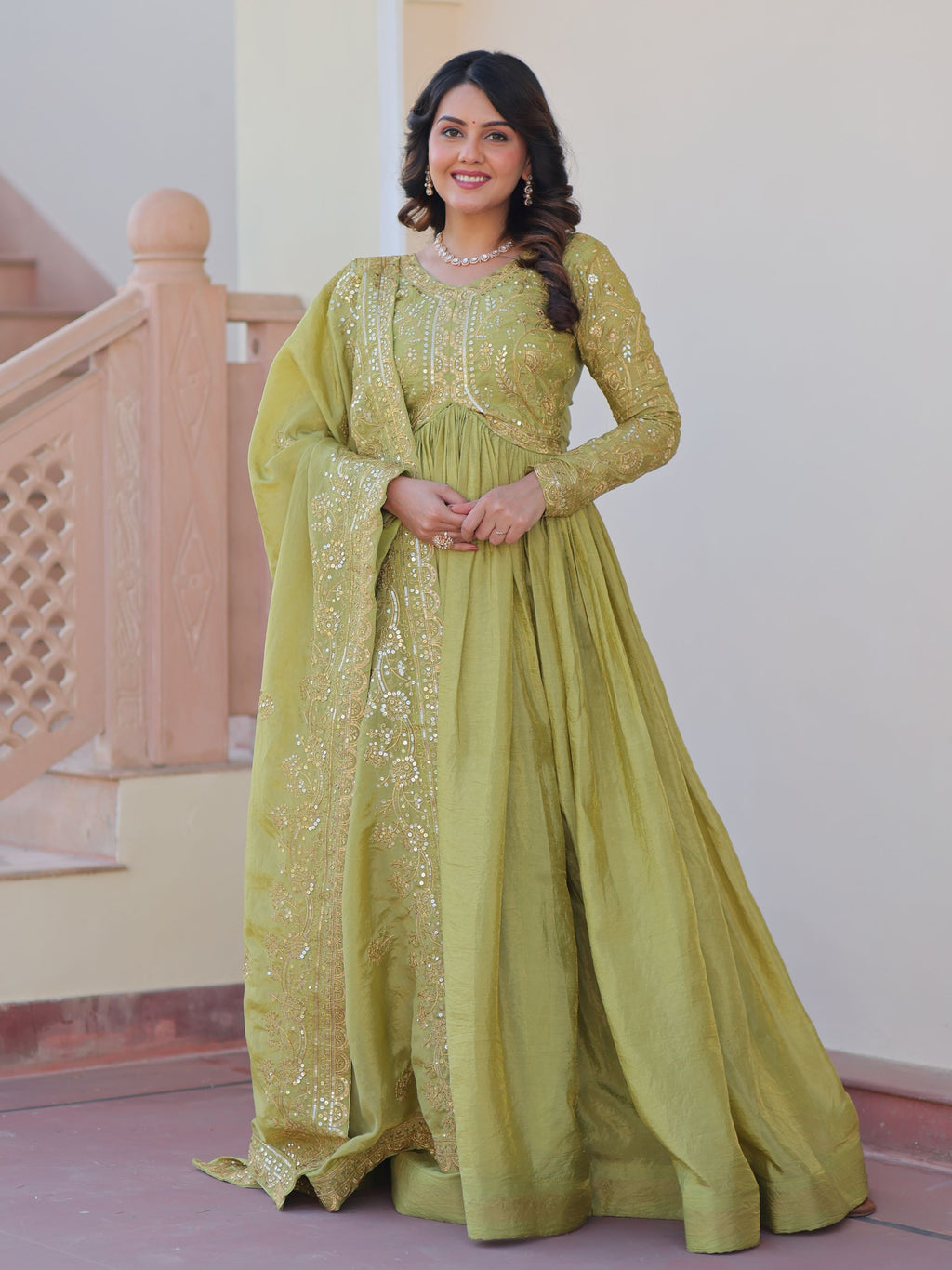 Pista Green Organza Sequins Embroidered Gown with Dupatta