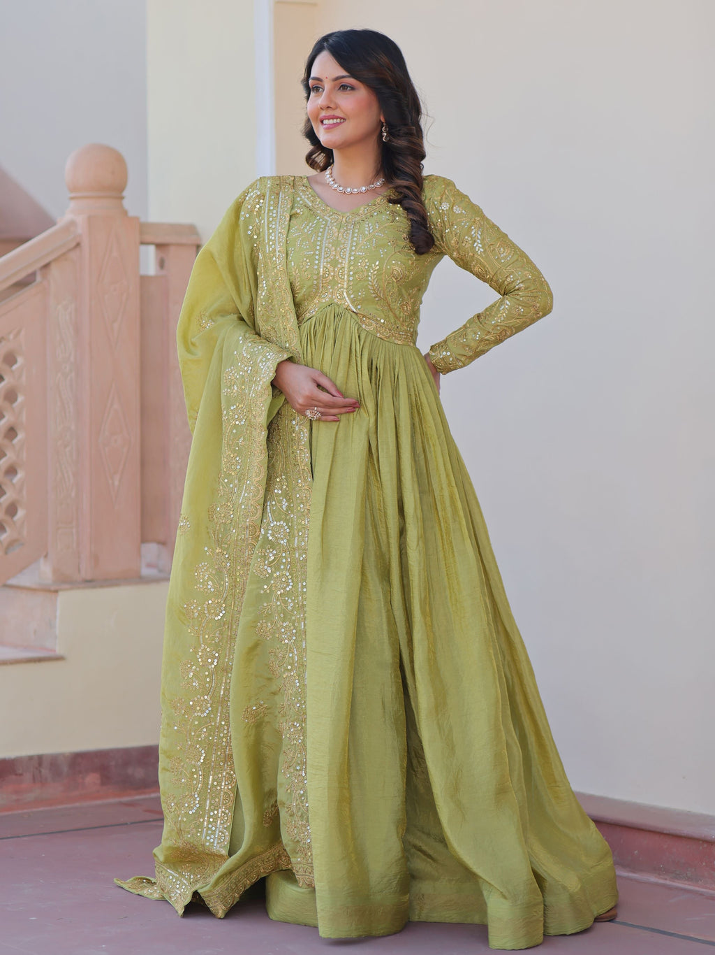 Pista Green Organza Sequins Embroidered Gown with Dupatta