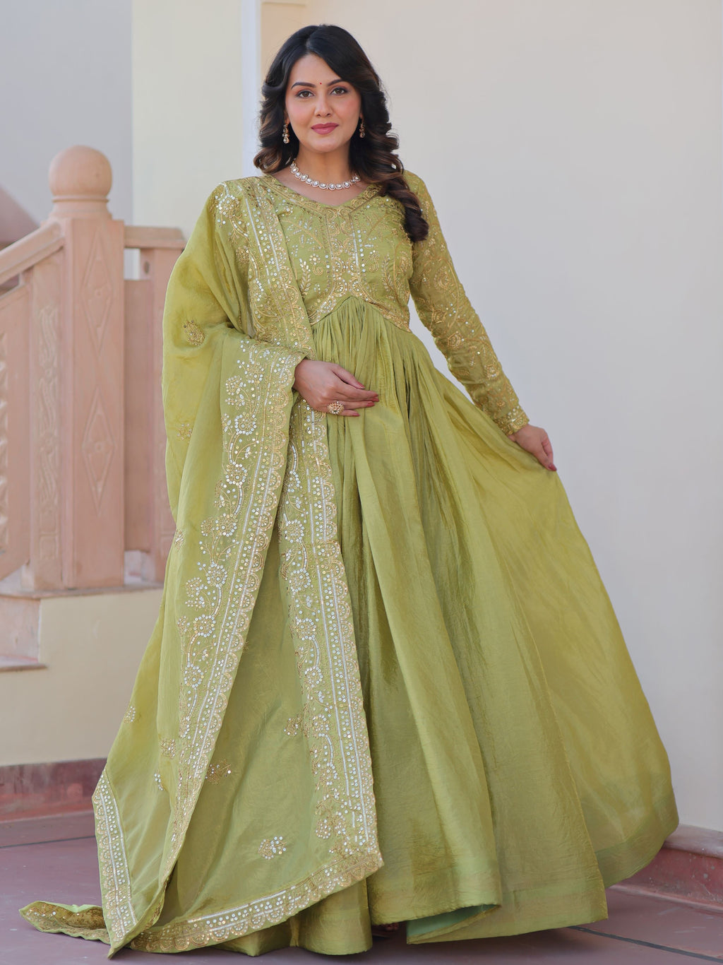 Pista Green Organza Sequins Embroidered Gown with Dupatta