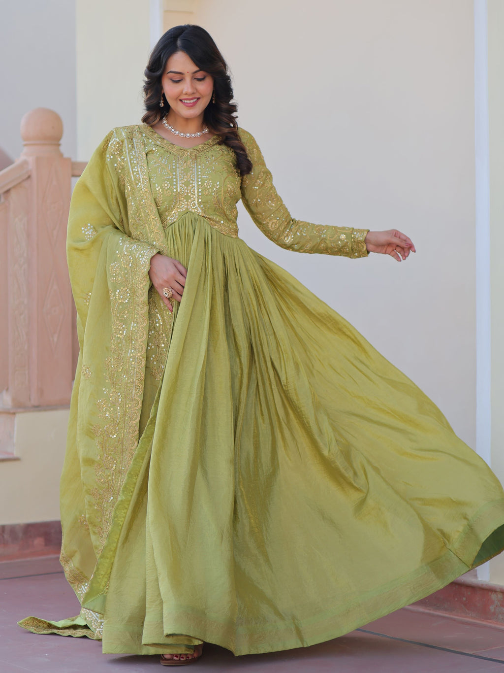 Pista Green Organza Sequins Embroidered Gown with Dupatta