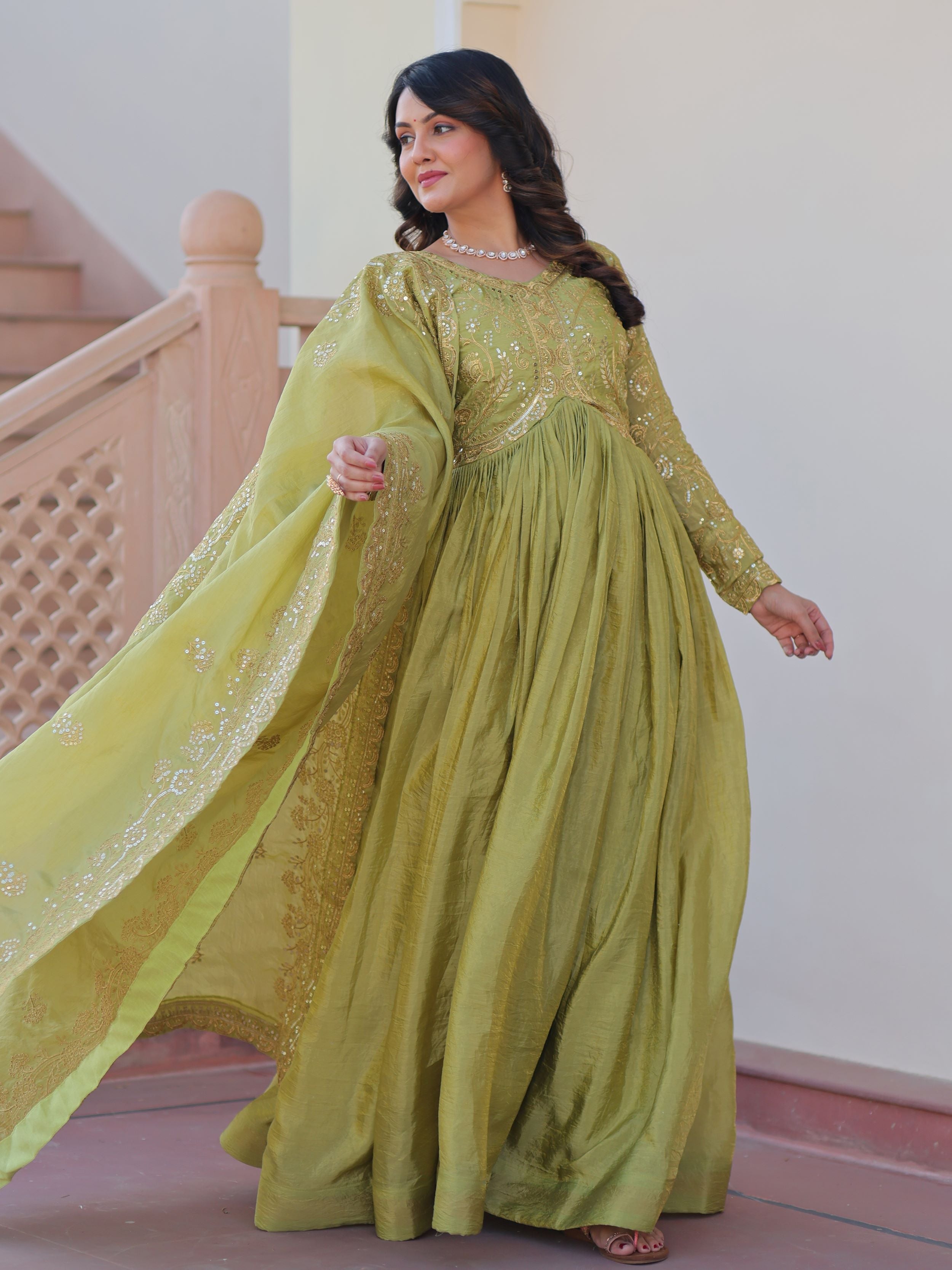 Pista Green Organza Sequins Embroidered Gown with Dupatta
