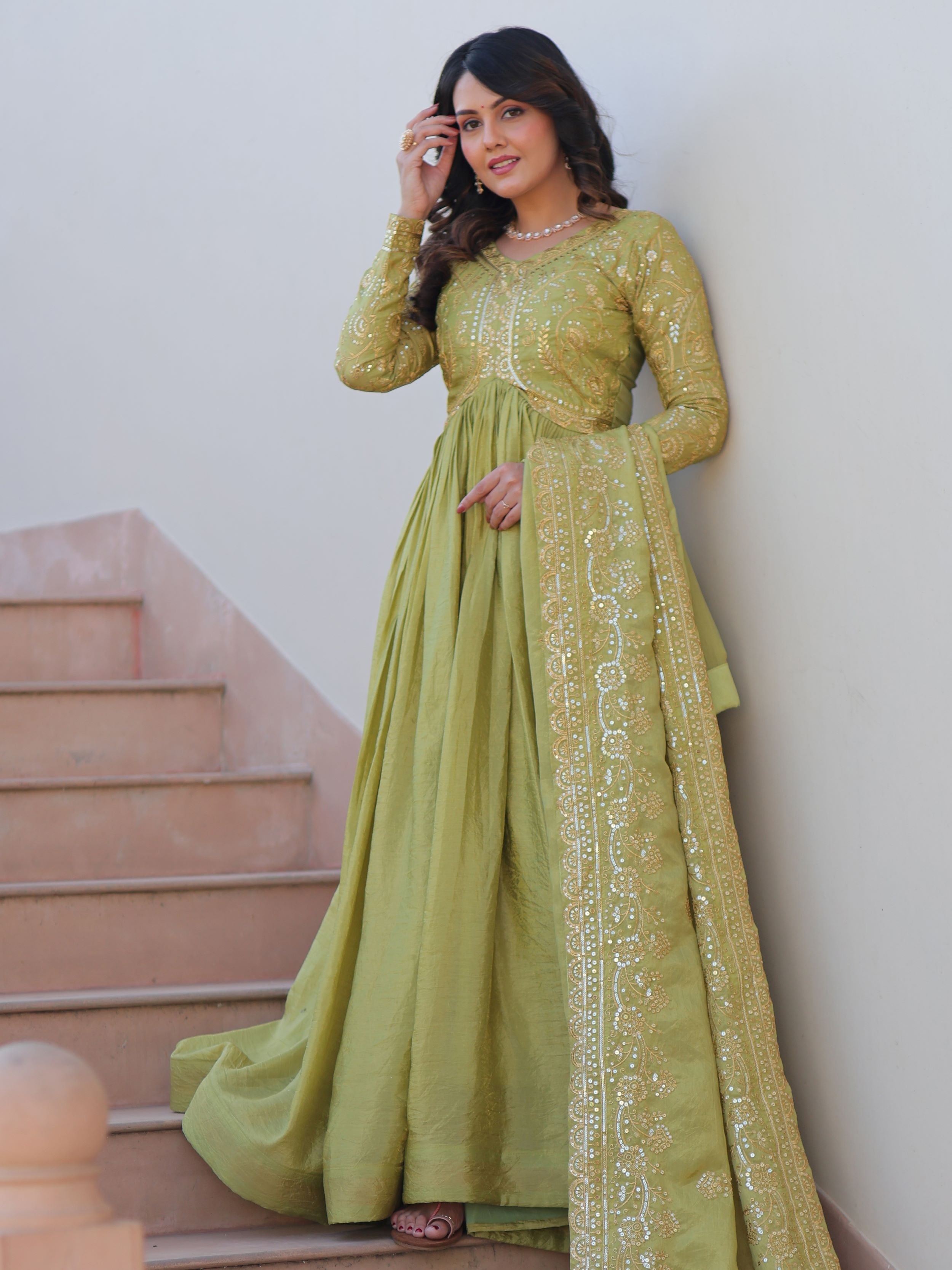 Pista Green Organza Sequins Embroidered Gown with Dupatta