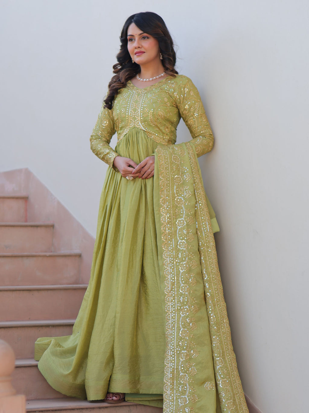 Pista Green Organza Sequins Embroidered Gown with Dupatta