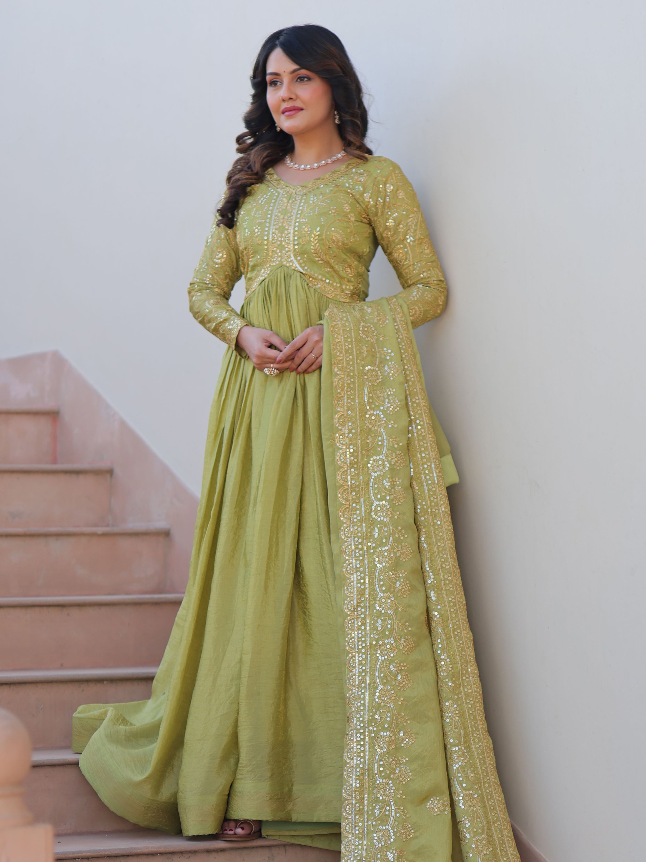 Pista Green Organza Sequins Embroidered Gown with Dupatta