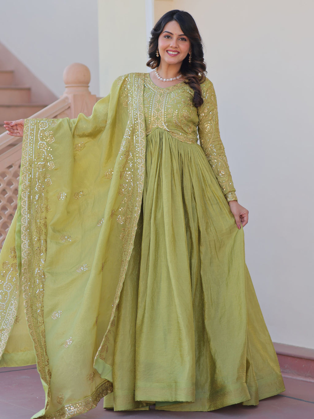 Pista Green Organza Sequins Embroidered Gown with Dupatta