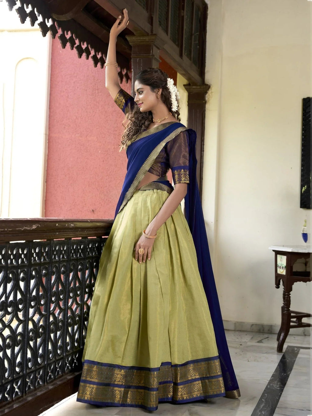 Pista Green Zari Weaving Work Kanchipuram Silk Lehenga Choli with Dupatta