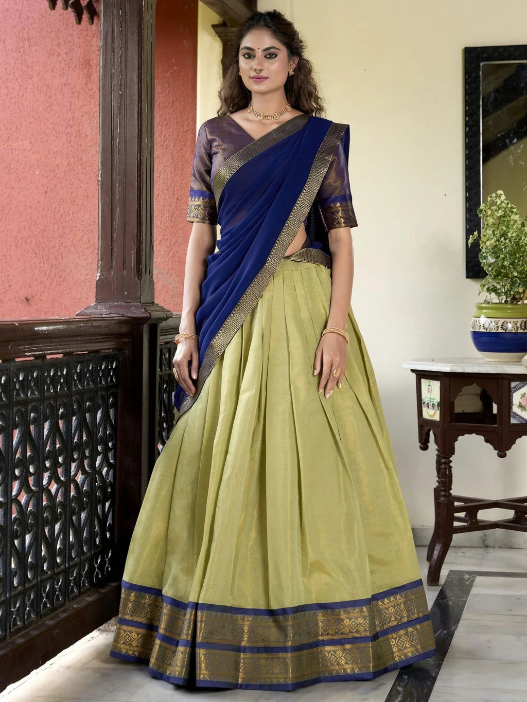 Pista Green Zari Weaving Work Kanchipuram Silk Lehenga Choli with Dupatta