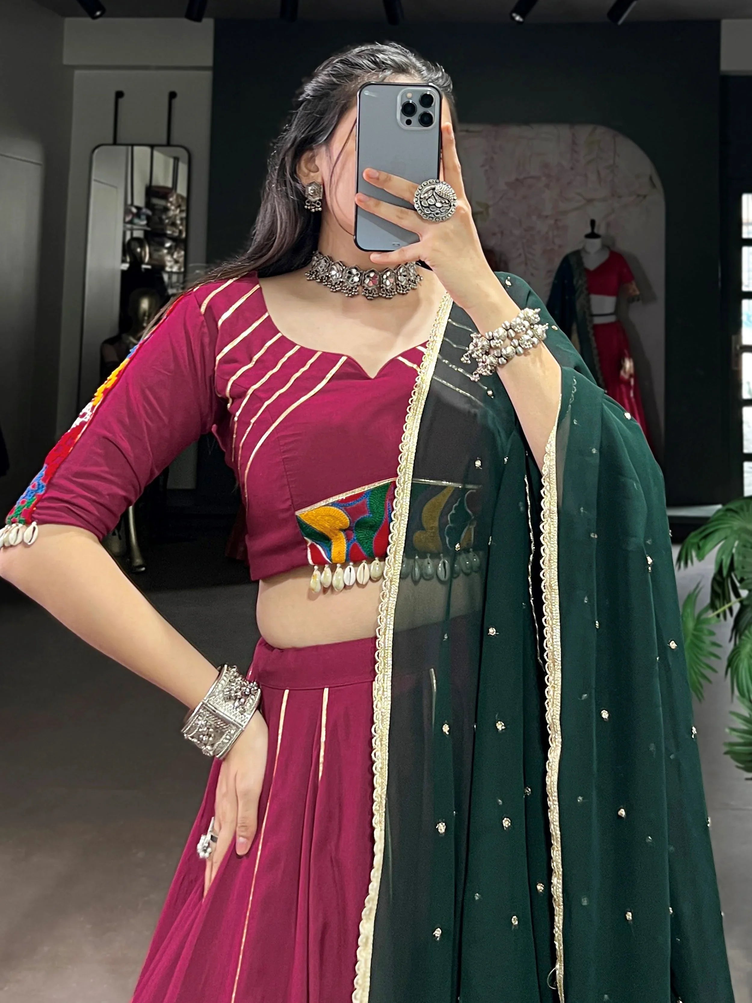 Plum Colour Rayon Mirror Gamthi Work Lehenga Choli with Dupatta