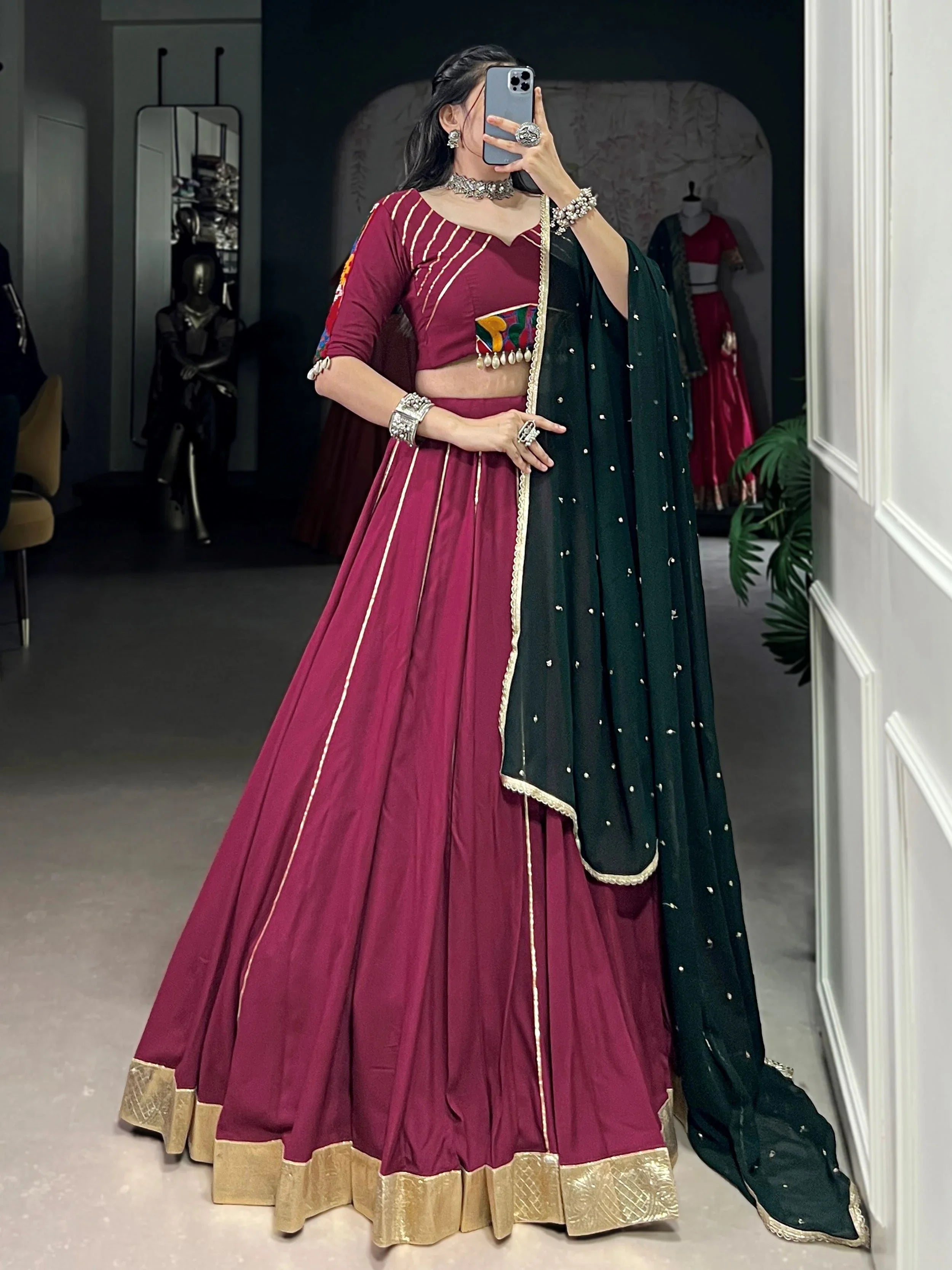 Plum Colour Rayon Mirror Gamthi Work Lehenga Choli with Dupatta