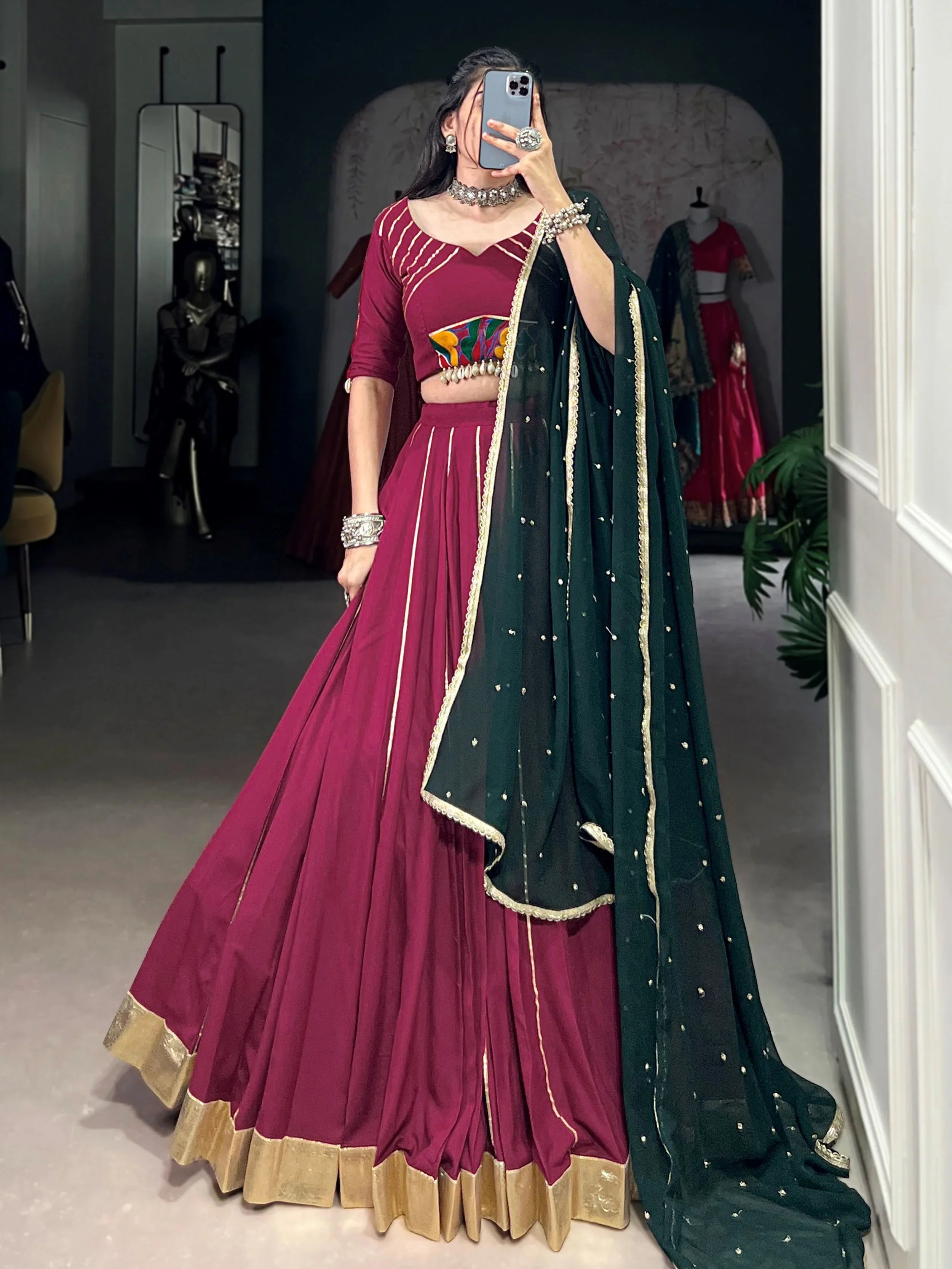 Plum Colour Rayon Mirror Gamthi Work Lehenga Choli with Dupatta