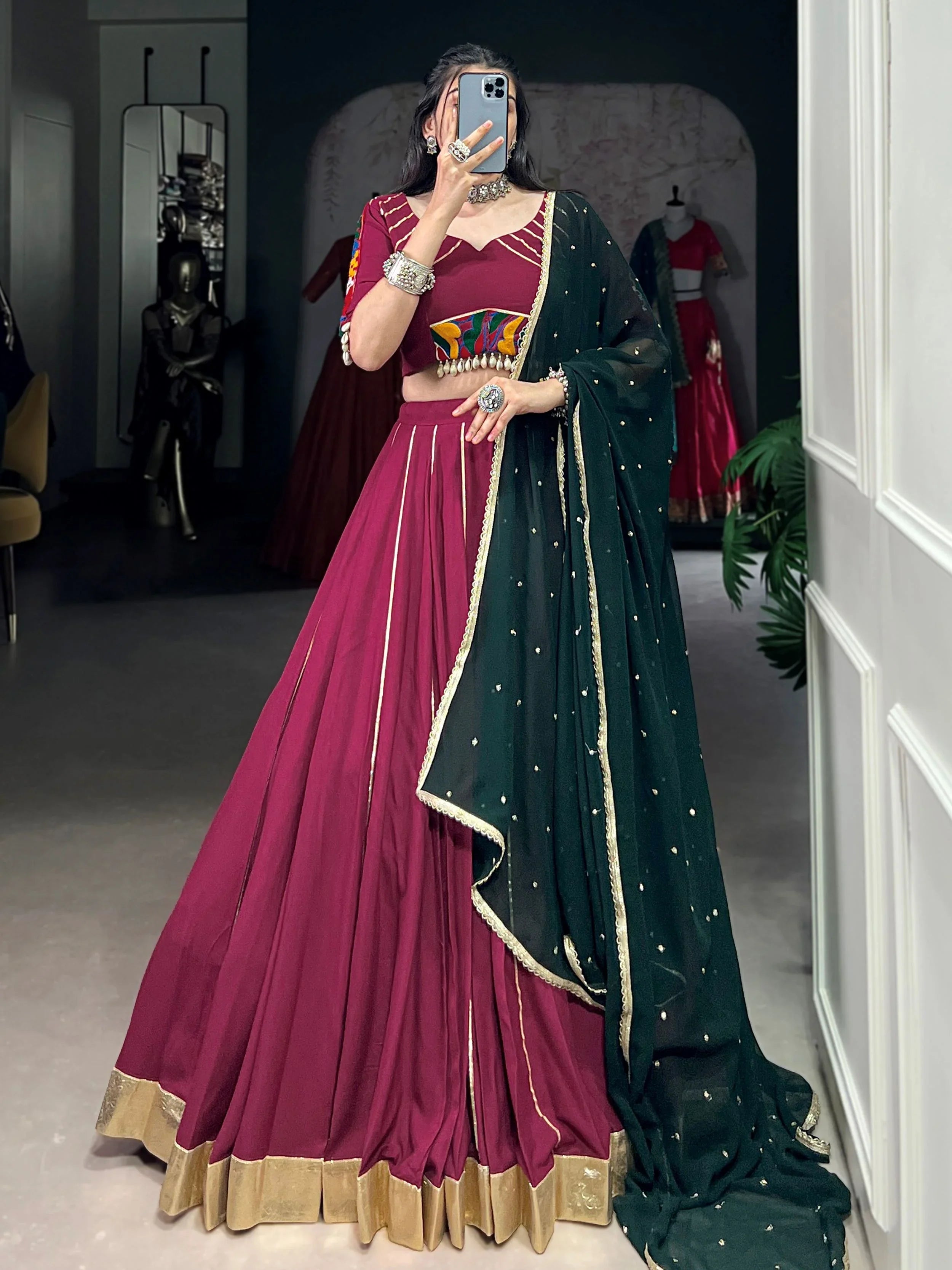 Plum Colour Rayon Mirror Gamthi Work Lehenga Choli with Dupatta