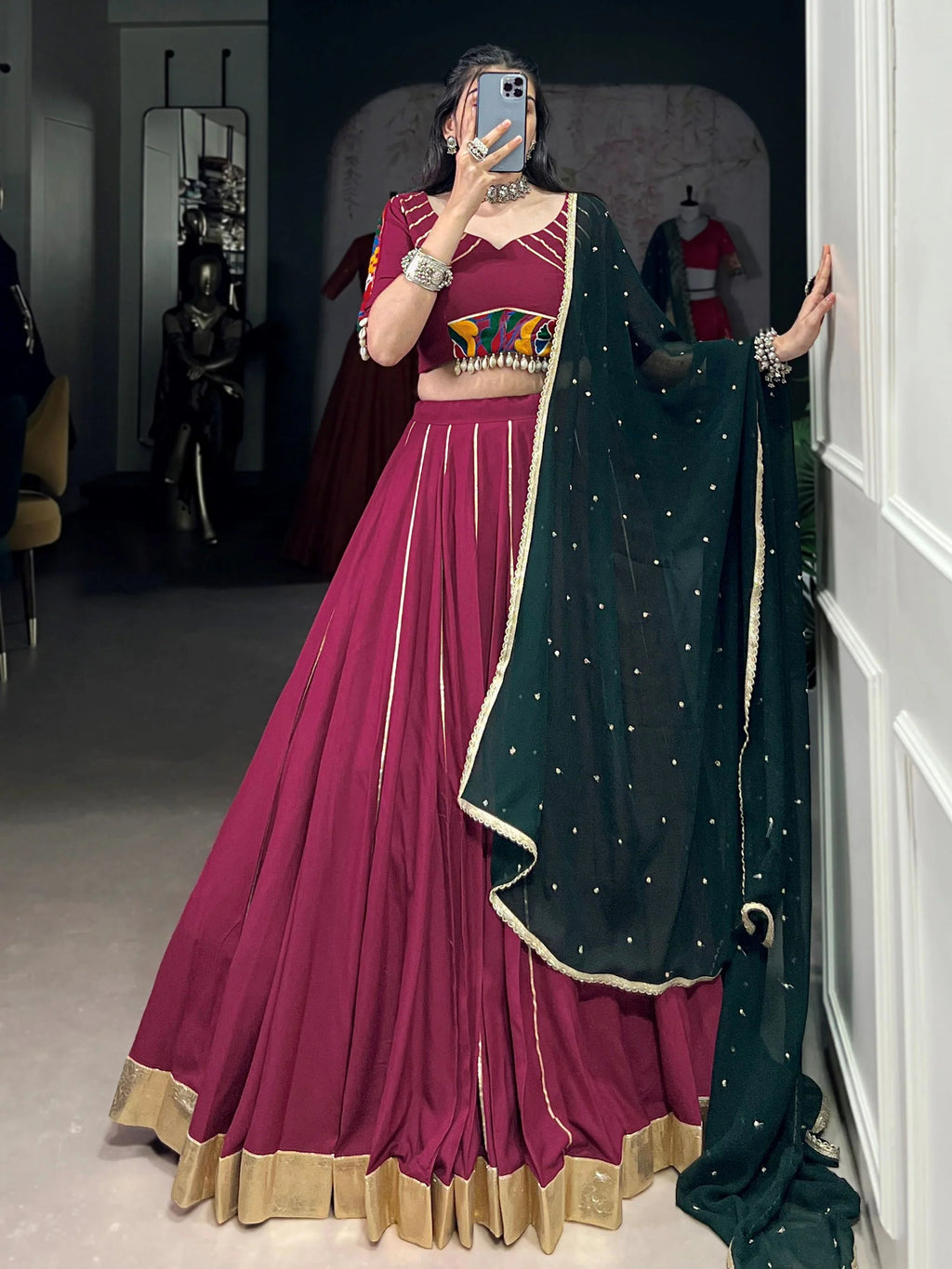 Plum Colour Rayon Mirror Gamthi Work Lehenga Choli with Dupatta