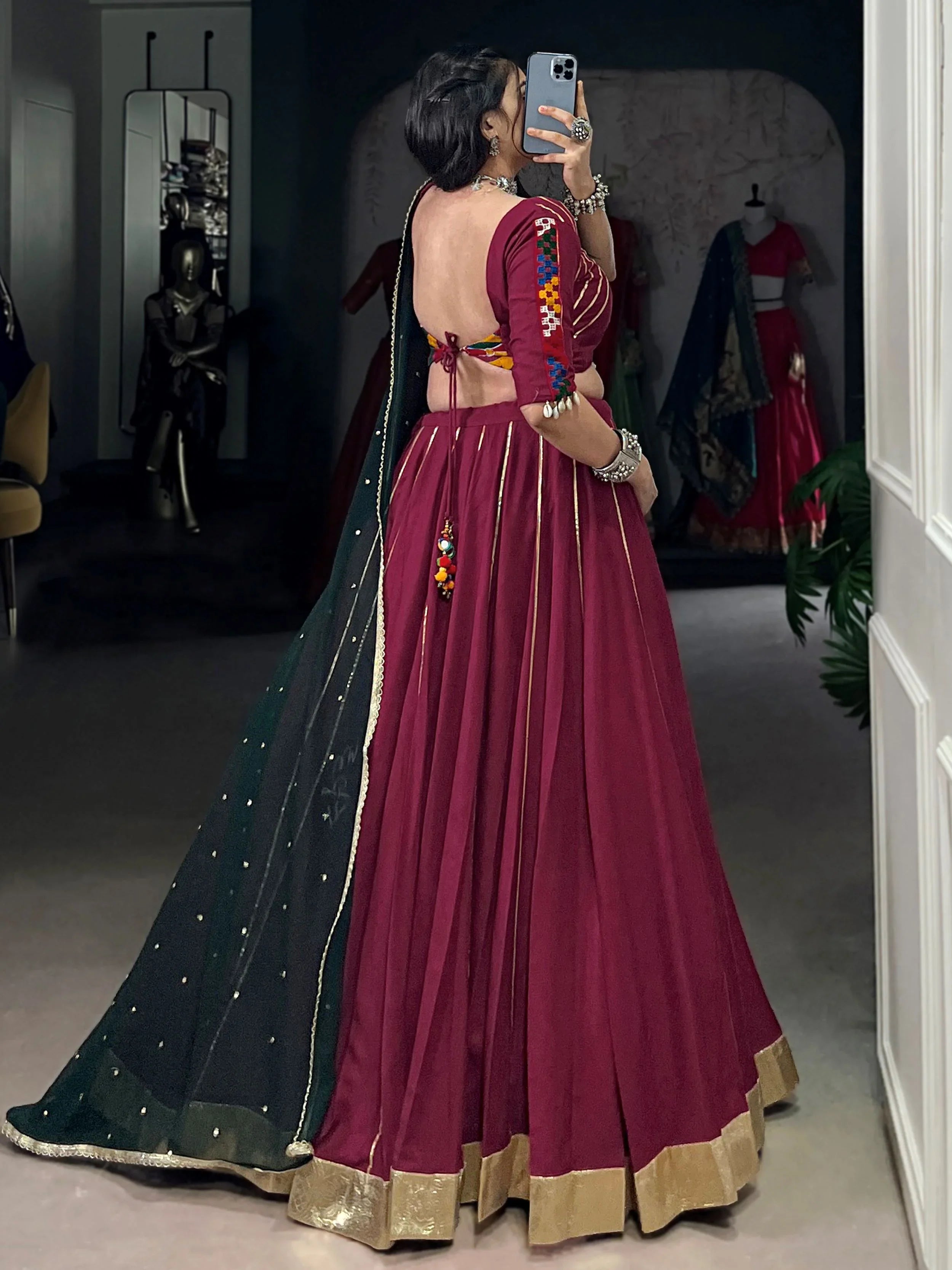 Plum Colour Rayon Mirror Gamthi Work Lehenga Choli with Dupatta