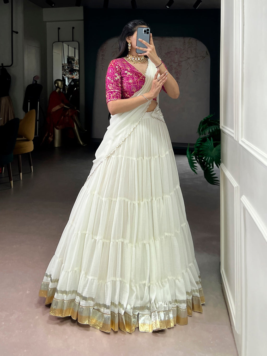 Prachi white marble embossed design lace gota patti half saree lehenga choli