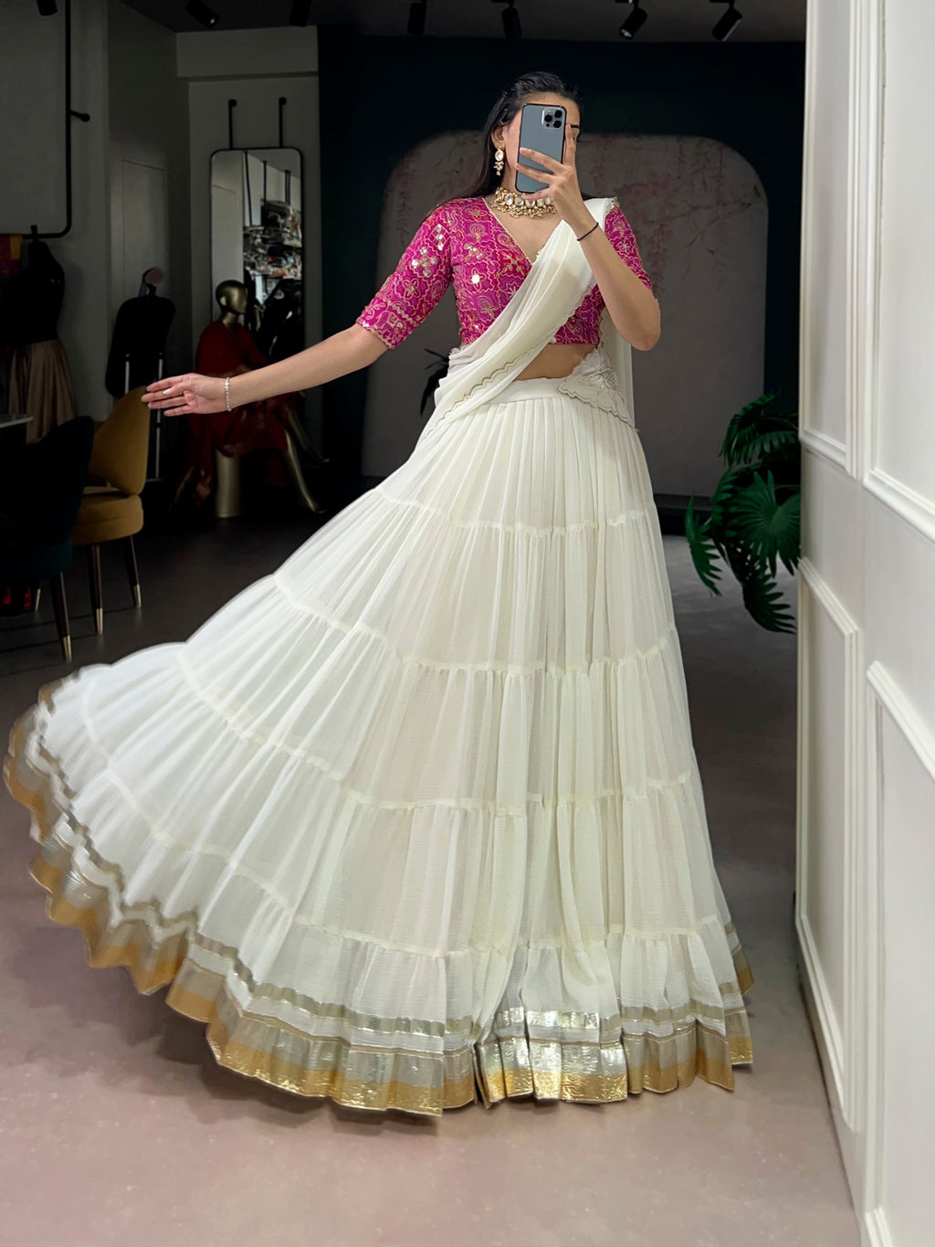 Prachi white marble embossed design lace gota patti half saree lehenga choli