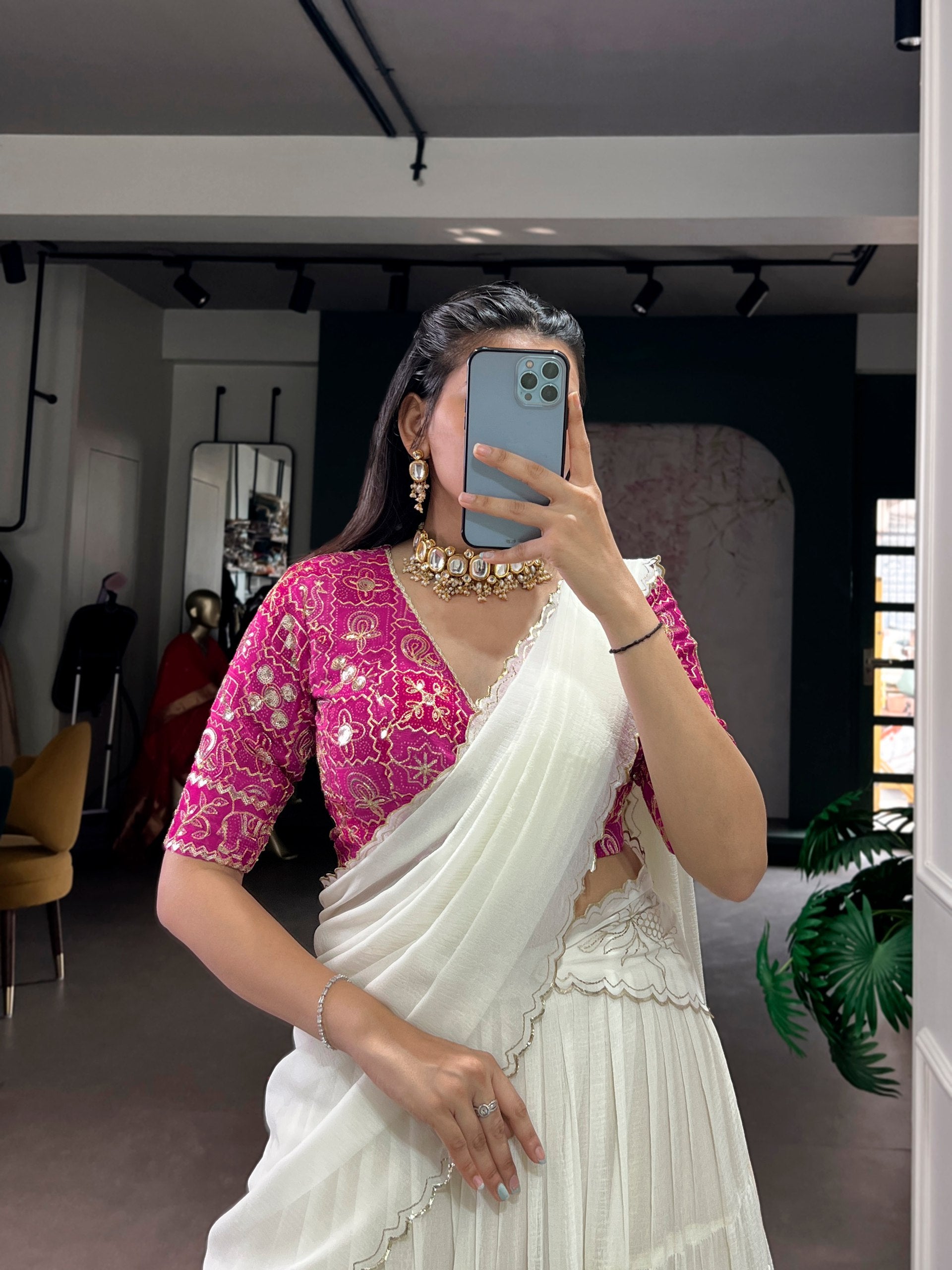 Prachi white marble embossed design lace gota patti half saree lehenga choli