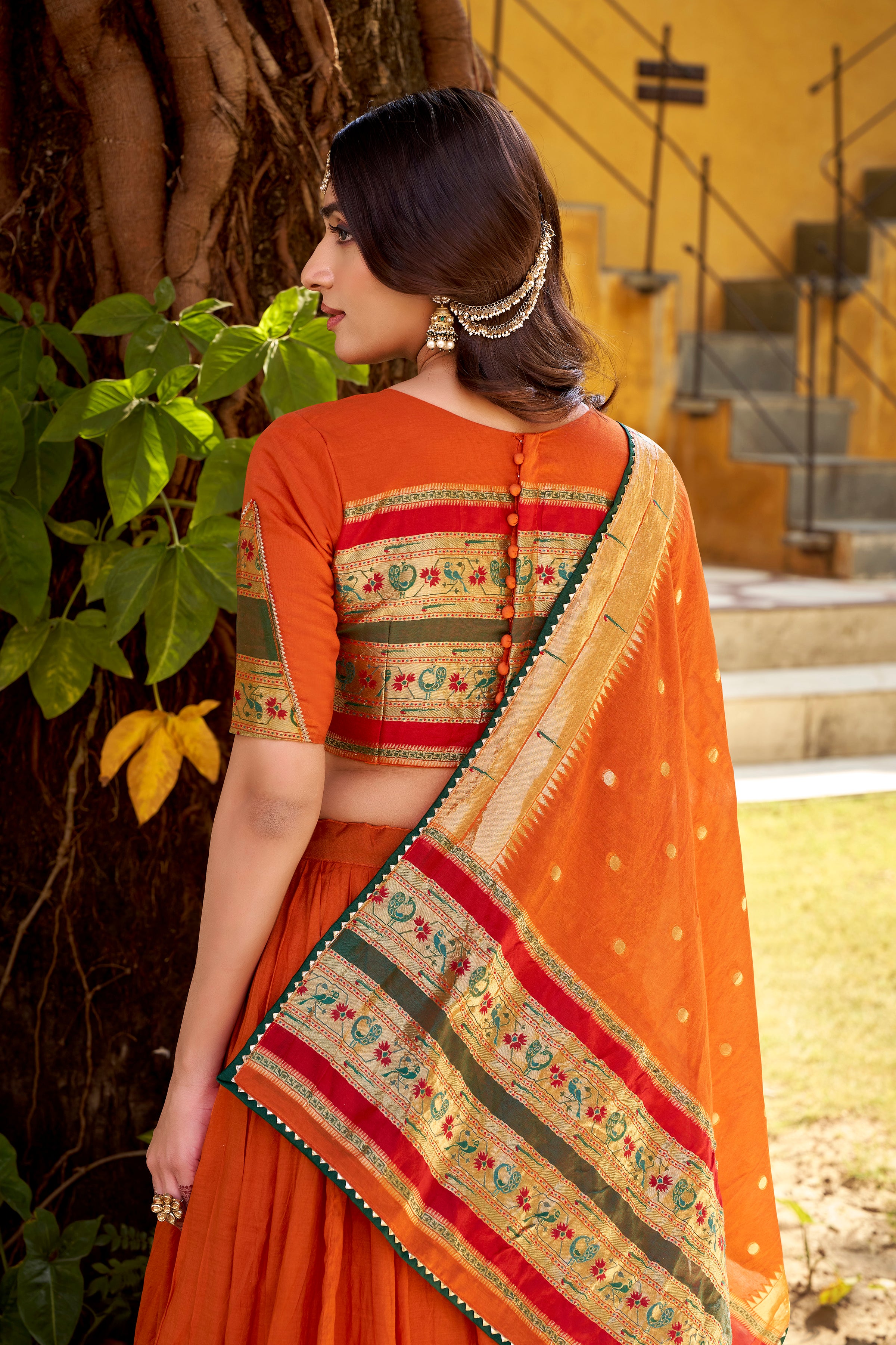 Prerna Orange Color Pure Chanderi Zari Weaving Work Paithani Lehenga Choli