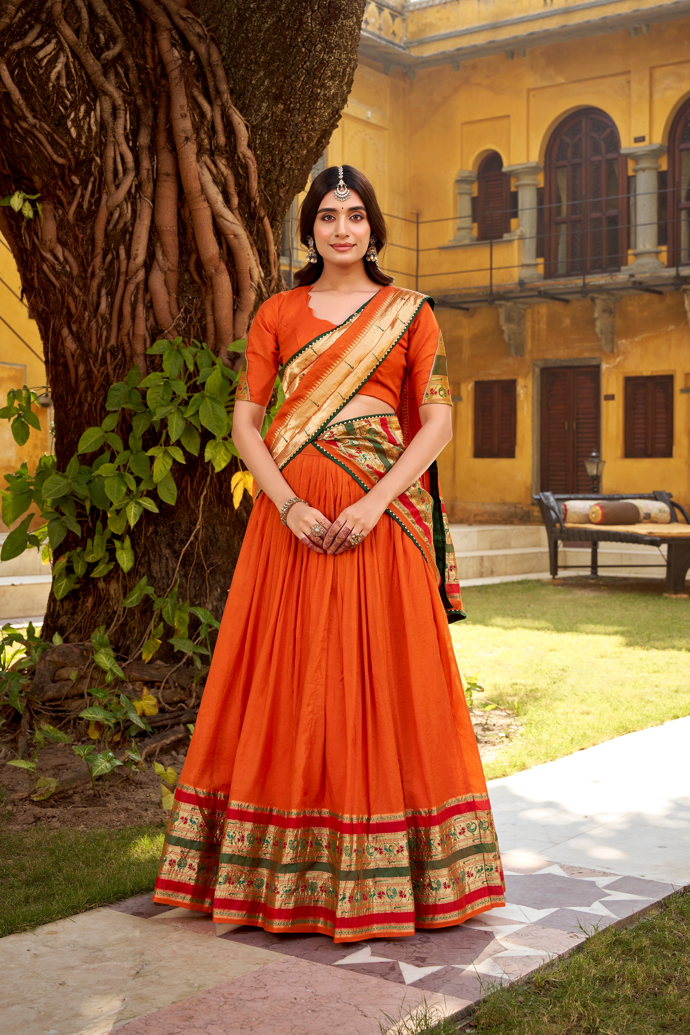 Prerna Orange Color Pure Chanderi Zari Weaving Work Paithani Lehenga Choli