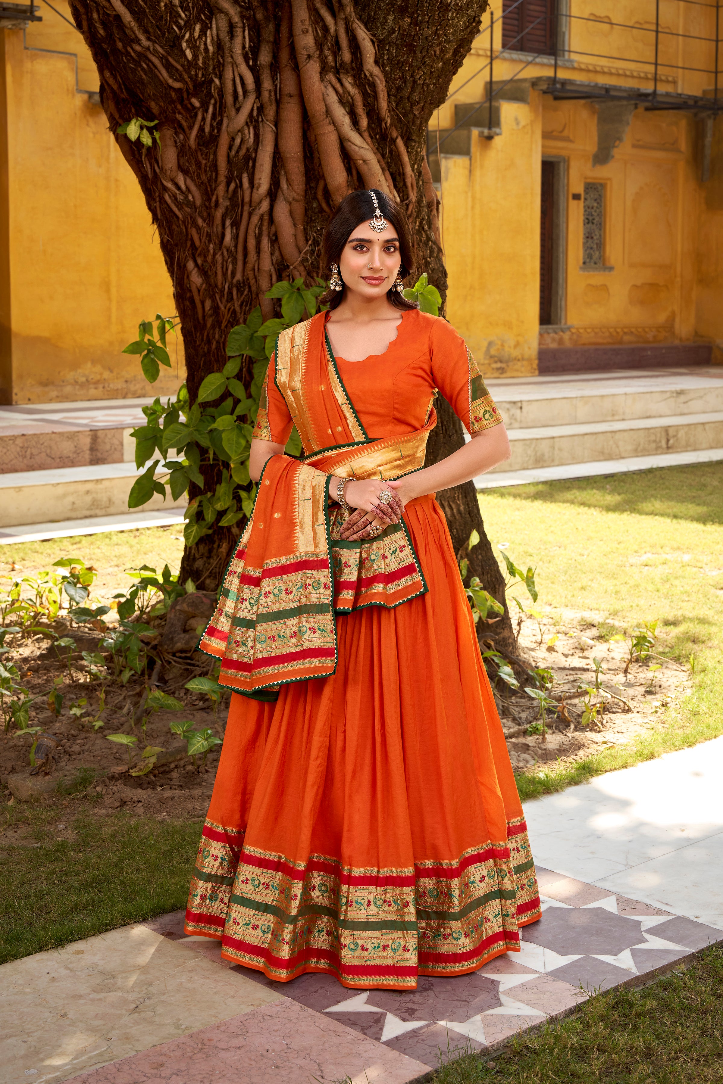 Prerna Orange Color Pure Chanderi Zari Weaving Work Paithani Lehenga Choli