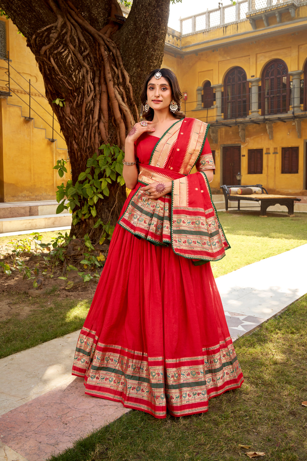 Prerna Red Color Pure Chanderi Zari Weaving Work Paithani Lehenga Choli